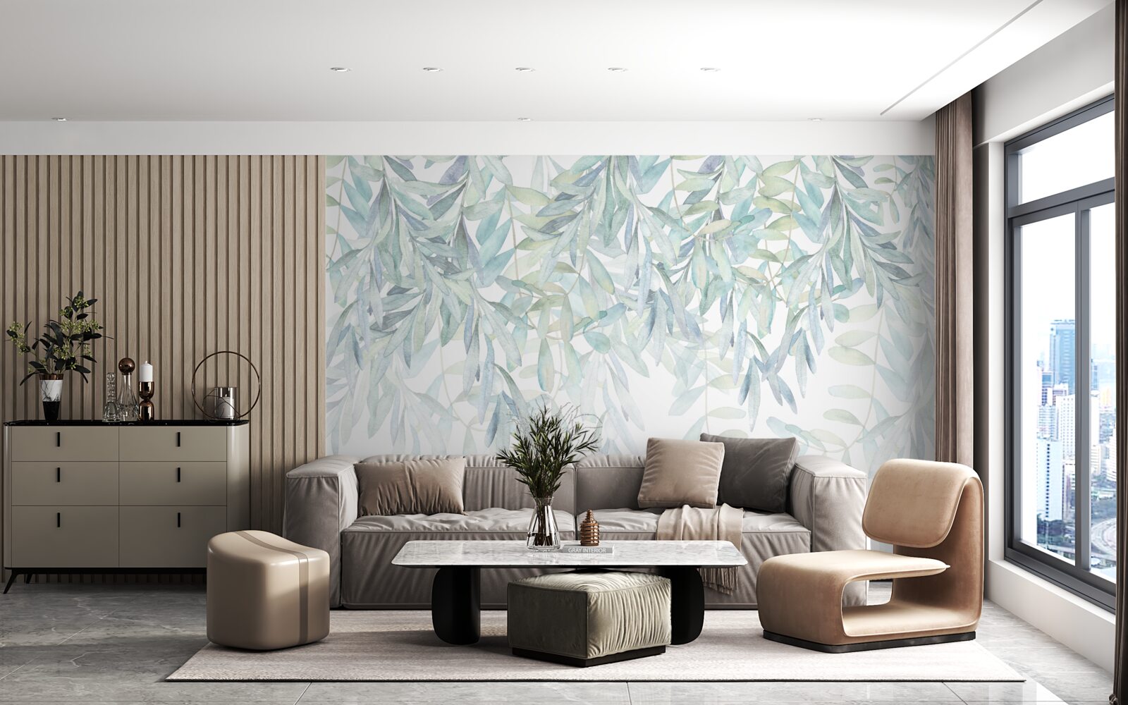 Фотошпалери пишні зелені рослини на білому тлі