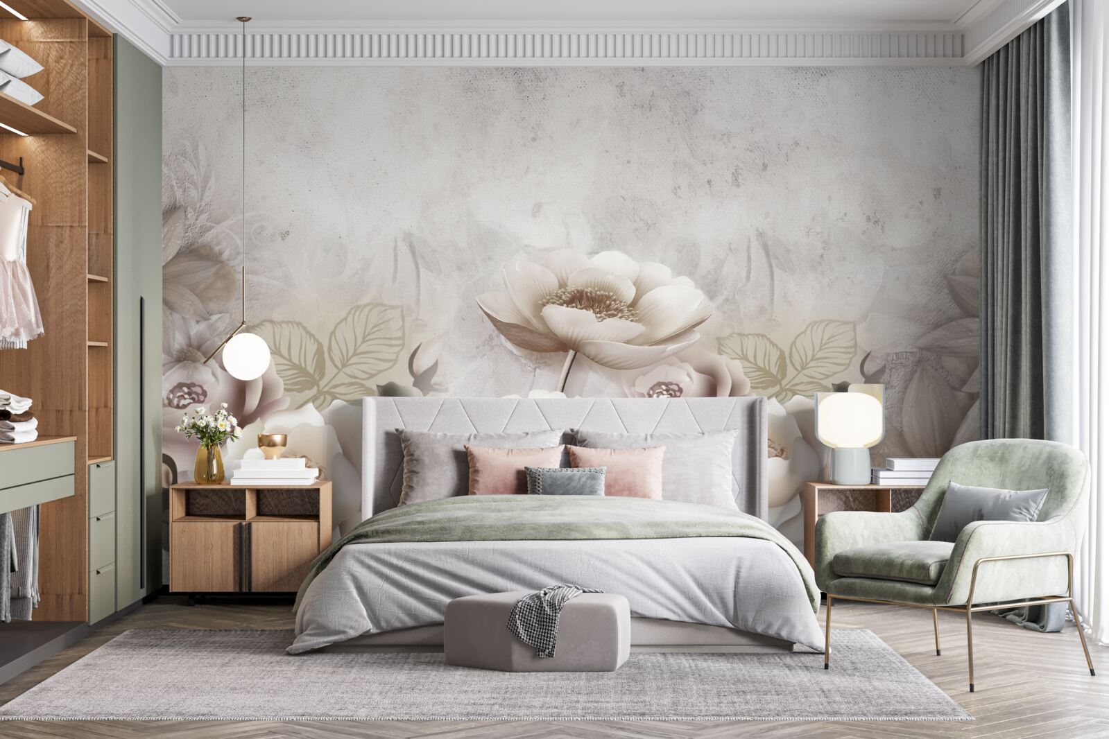 Фотошпалери туманний луг, всіяний білими квітами