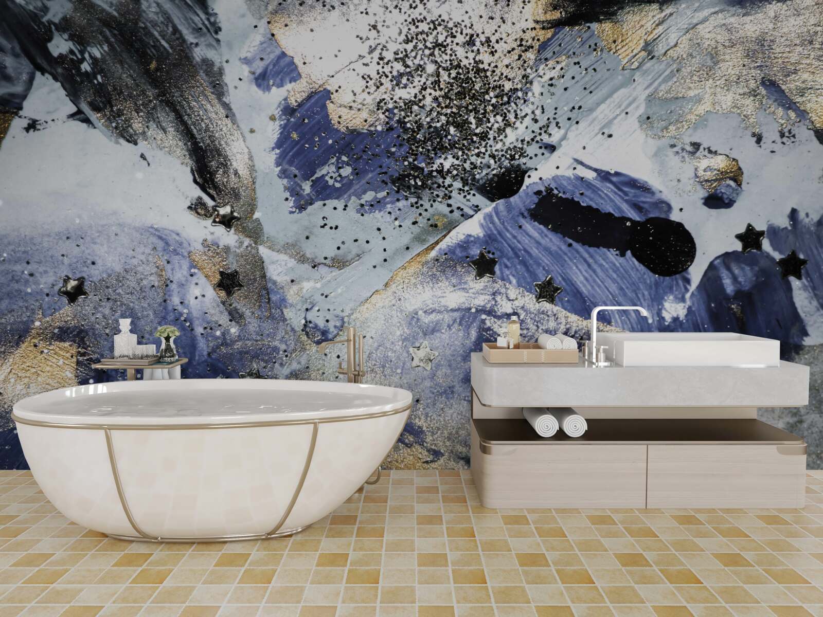 Фотошпалери відтінки золота та синього в абстрактному дизайні