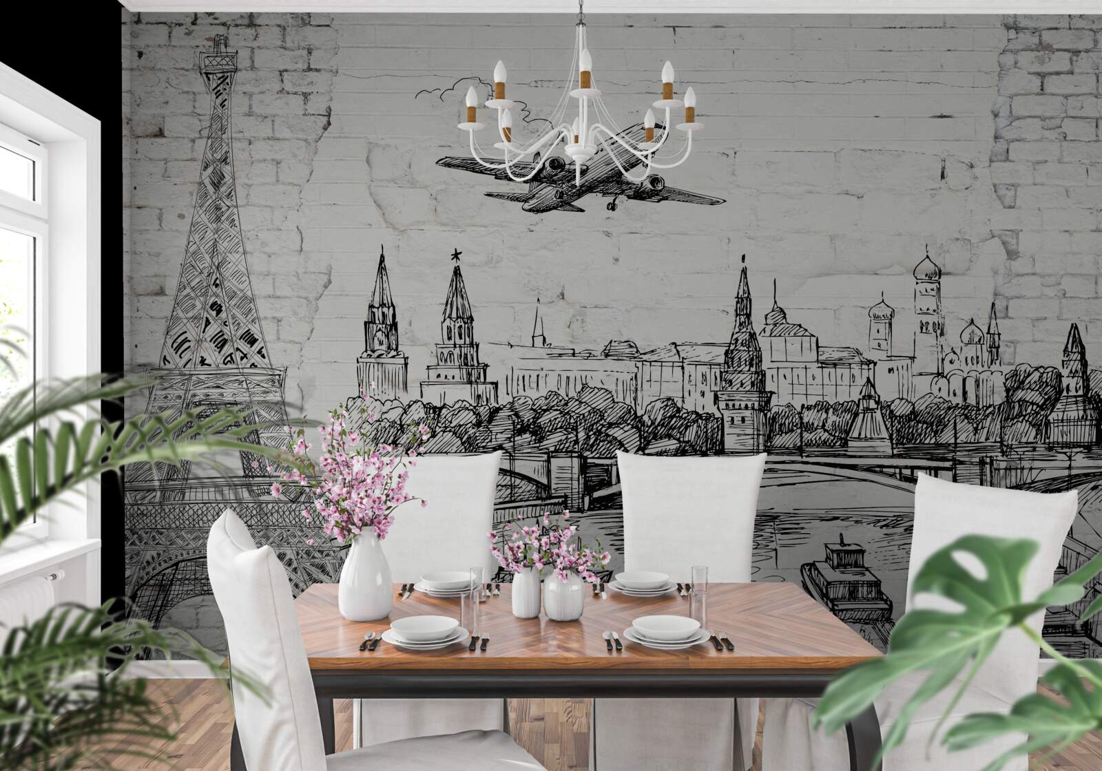 Фотошпалери чорно-біле місто, збудоване з білої цегли