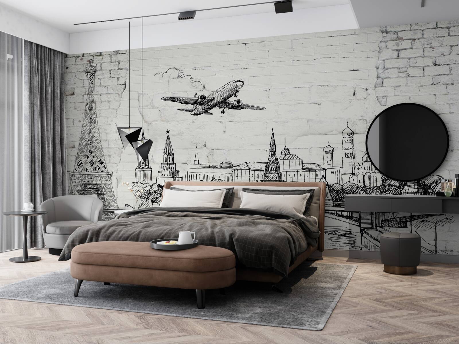 Фотошпалери чорно-біле місто, збудоване з білої цегли