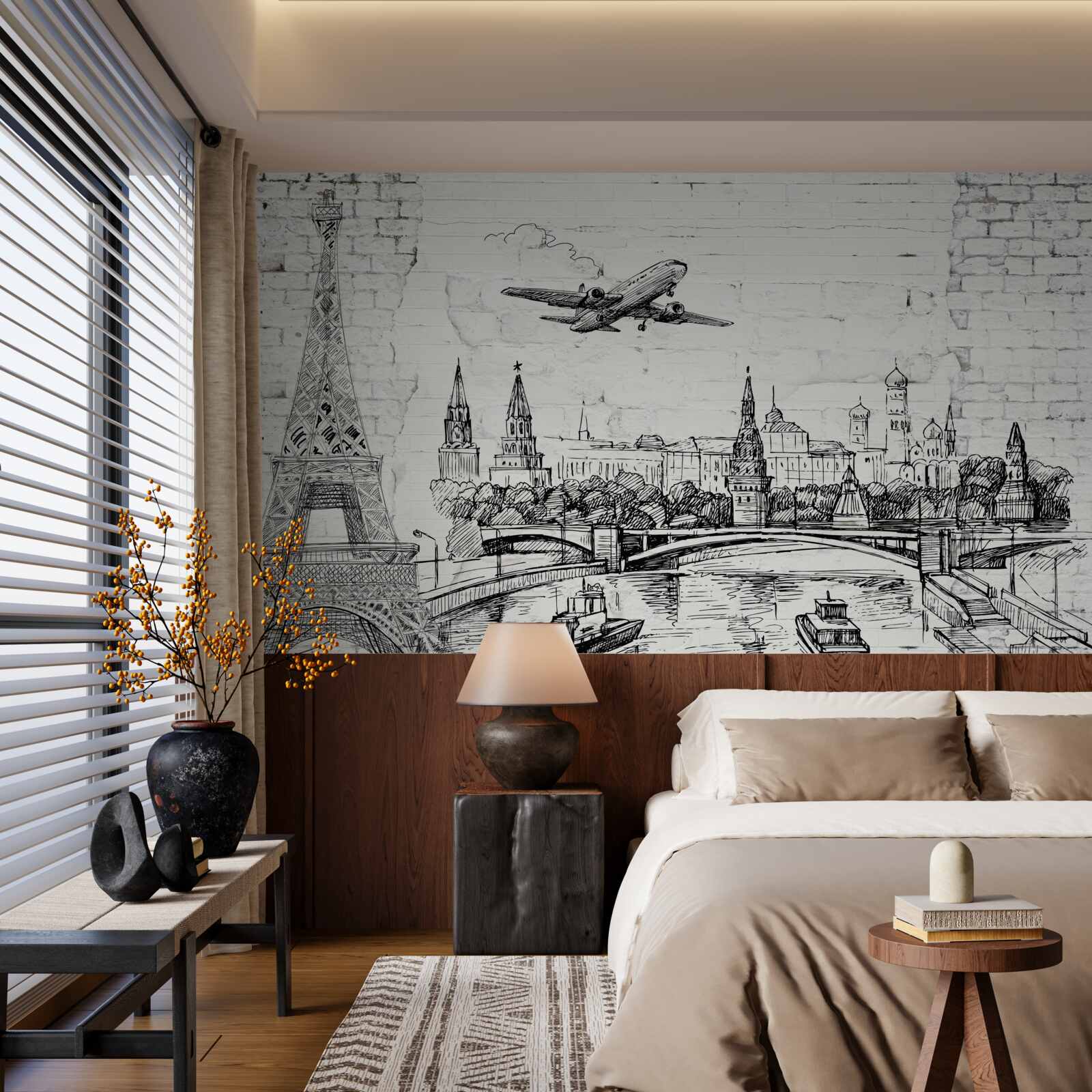 Фотошпалери чорно-біле місто, збудоване з білої цегли