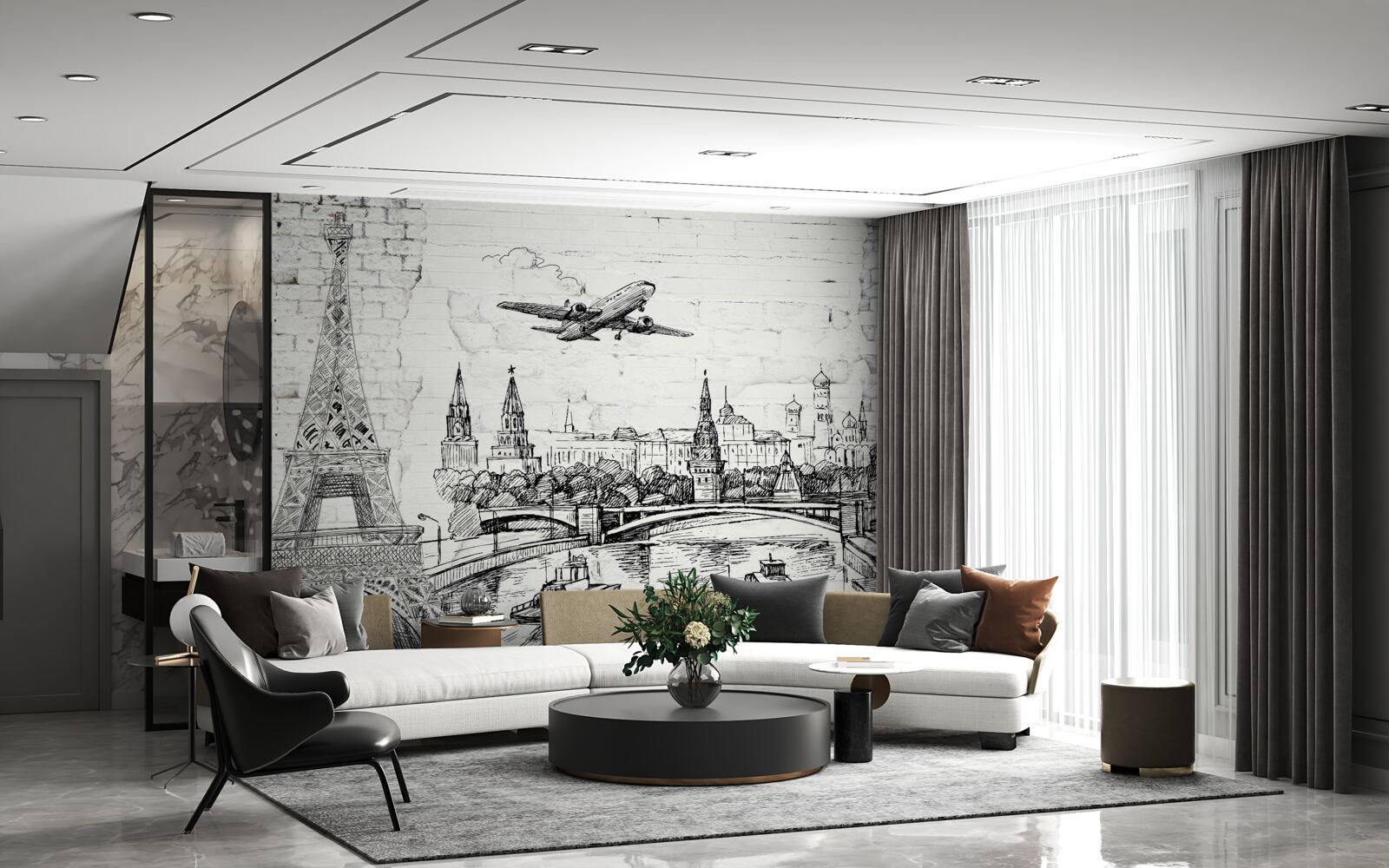 Фотошпалери чорно-біле місто, збудоване з білої цегли