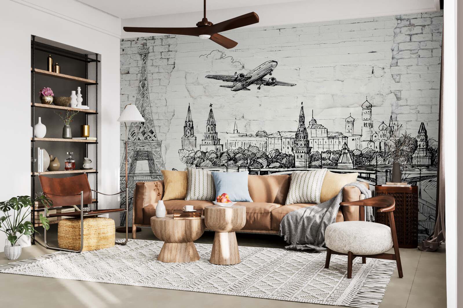 Фотошпалери чорно-біле місто, збудоване з білої цегли