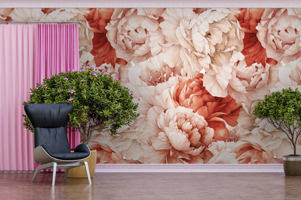 Фотошпалери композиція з ніжних білих і червоних півоній