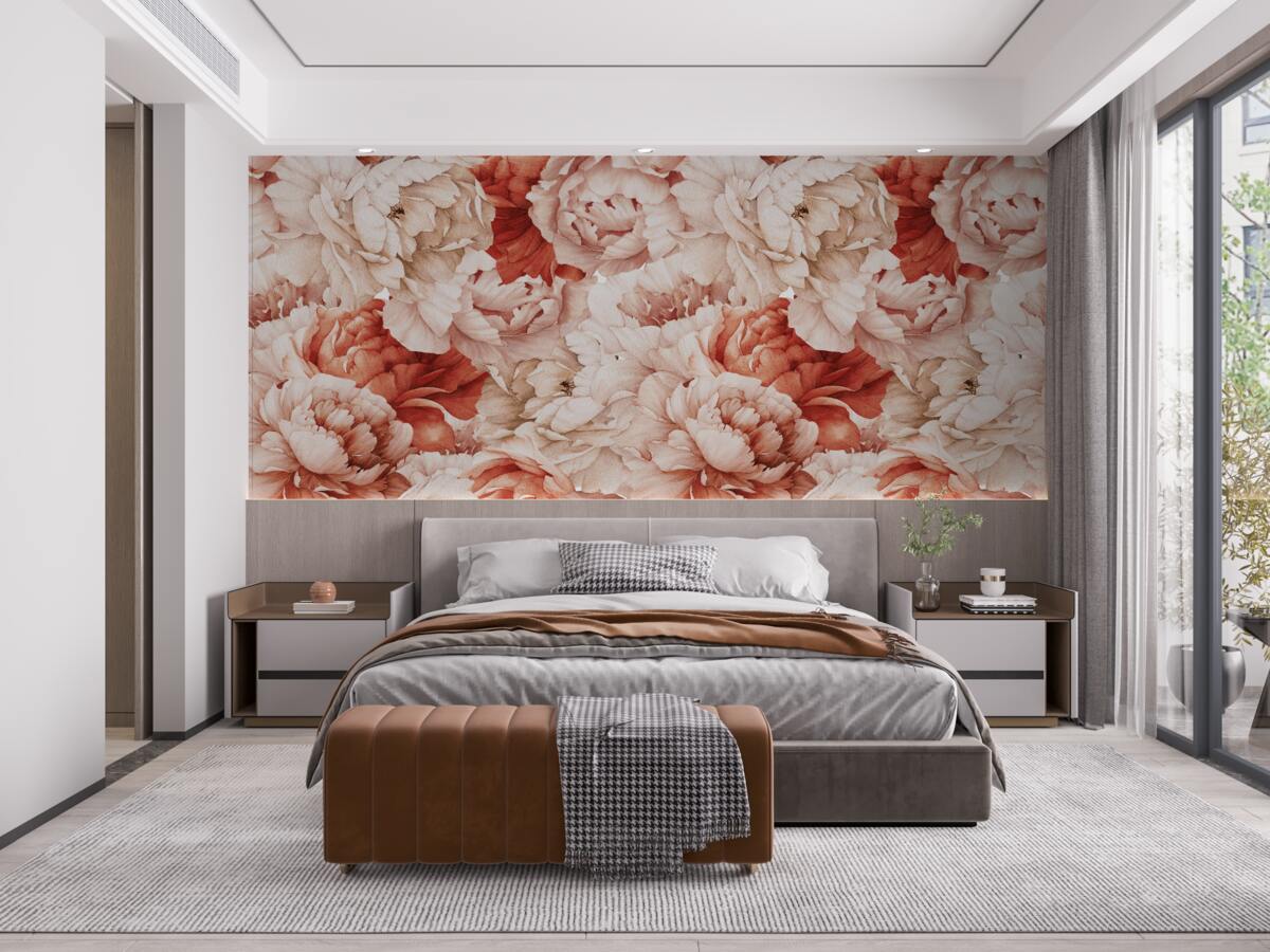 Фотошпалери композиція з ніжних білих і червоних півоній