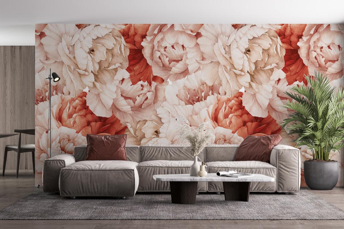 Фотошпалери композиція з ніжних білих і червоних півоній