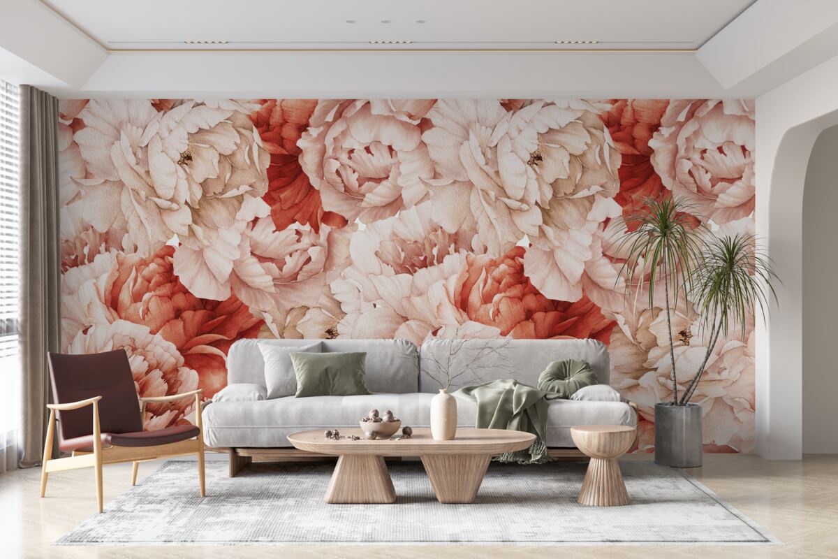 Фотошпалери композиція з ніжних білих і червоних півоній