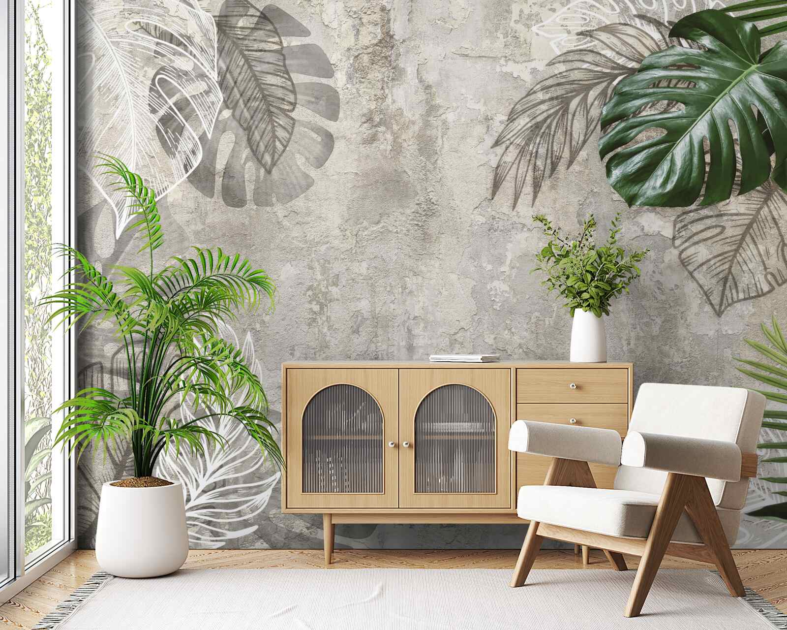 Фотошпалери акварелі із зображенням монстери та папороті