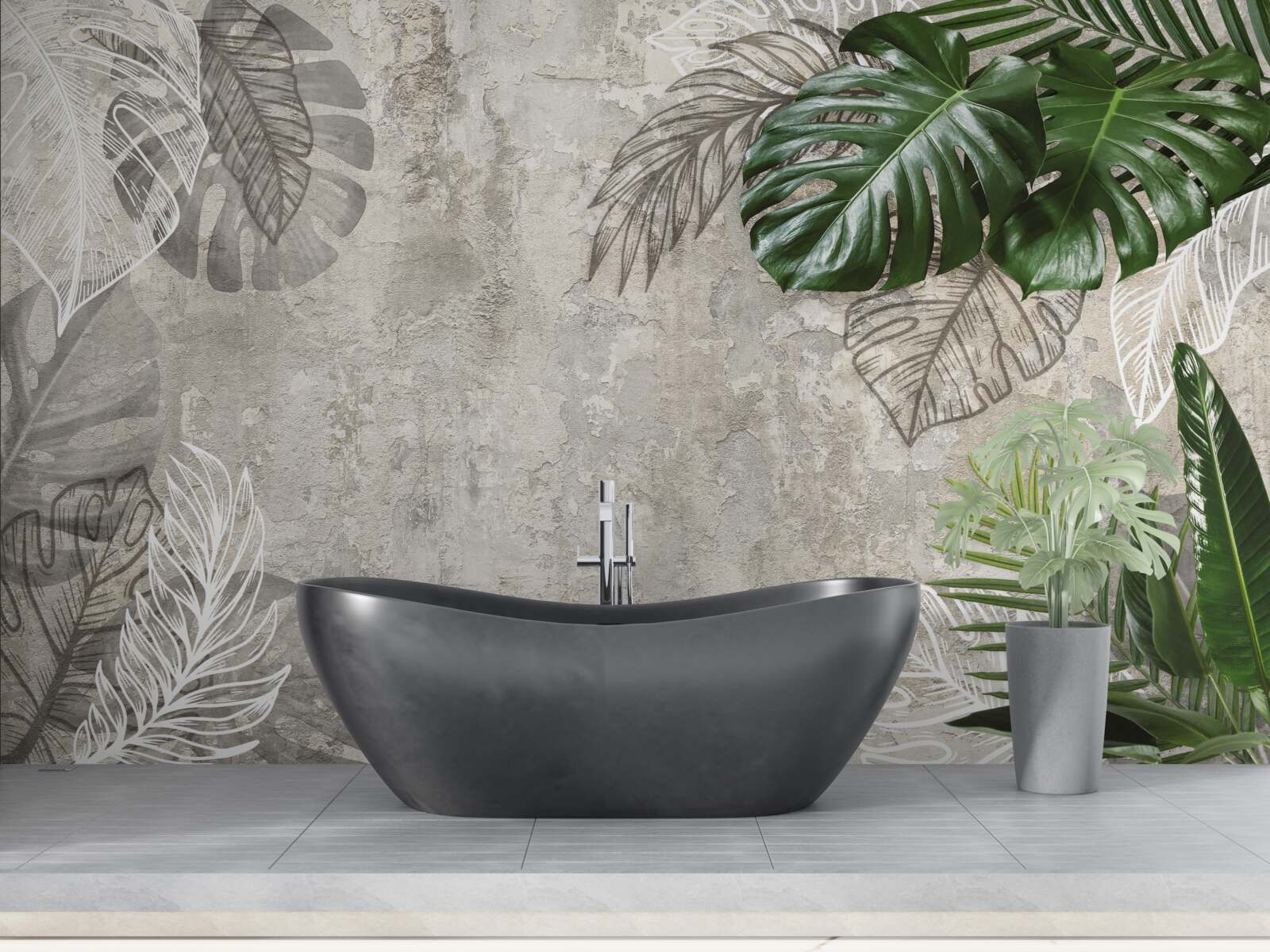 Фотошпалери акварелі із зображенням монстери та папороті