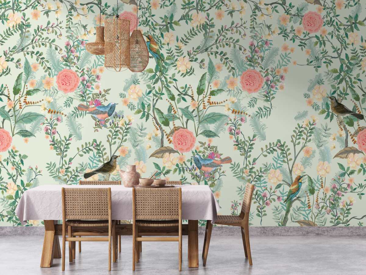 Фотошпалери Жива зелена флора та птахи