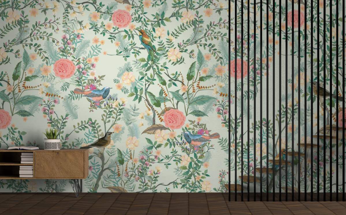 Фотошпалери Жива зелена флора та птахи