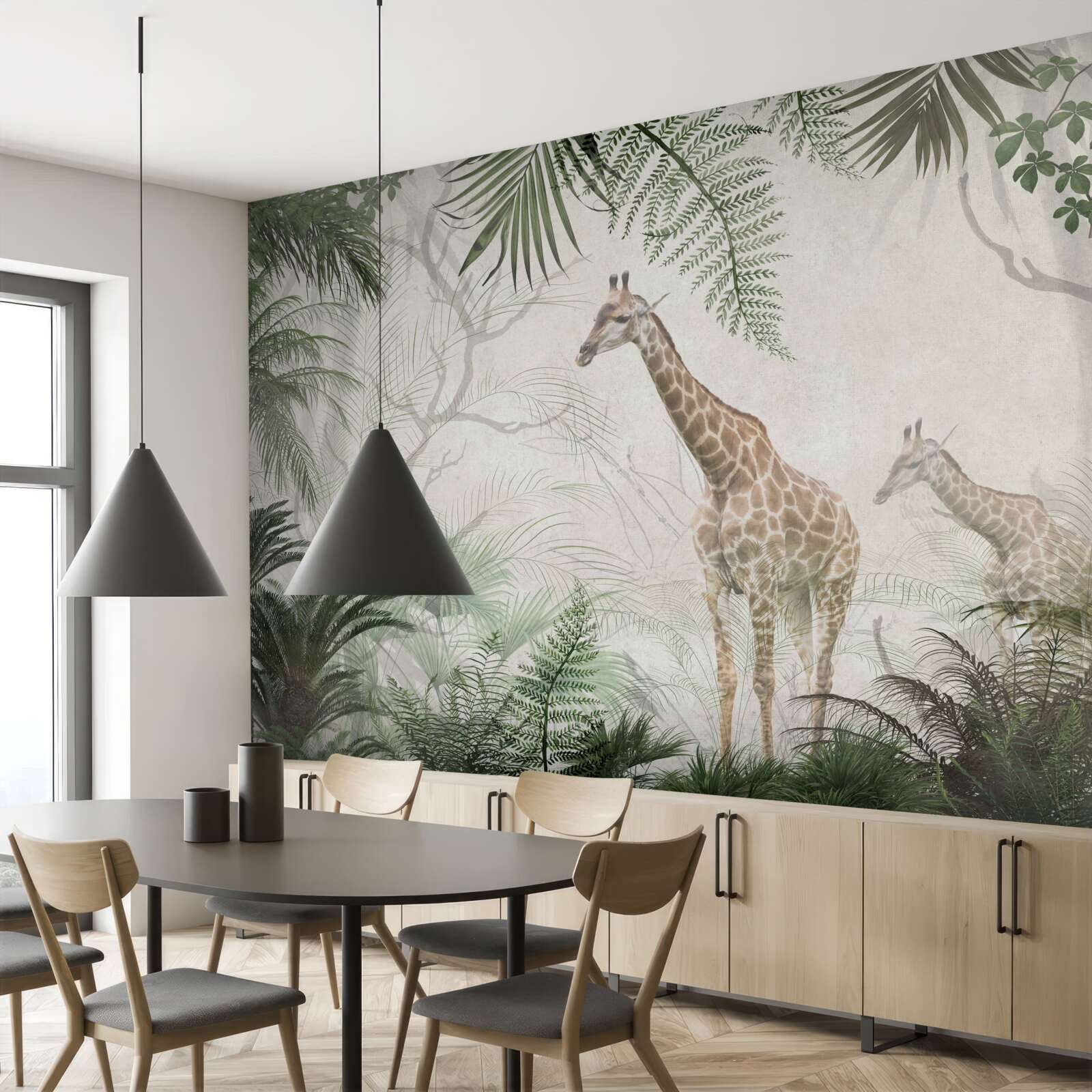 Фотошпалери сім'я жирафів йде лісовою стежкою