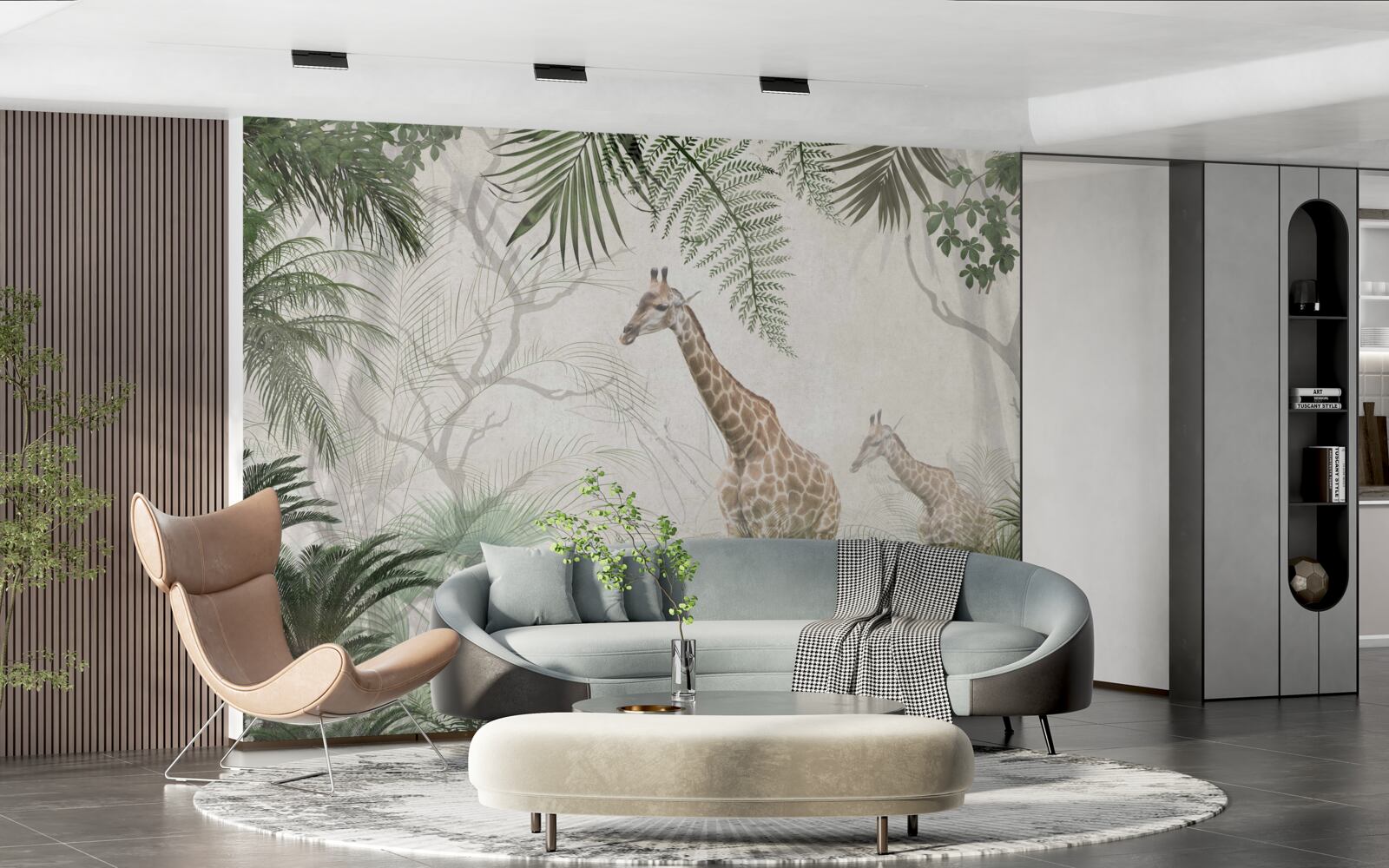 Фотошпалери сім'я жирафів йде лісовою стежкою