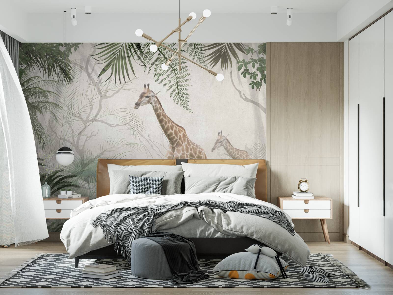 Фотошпалери сім'я жирафів йде лісовою стежкою