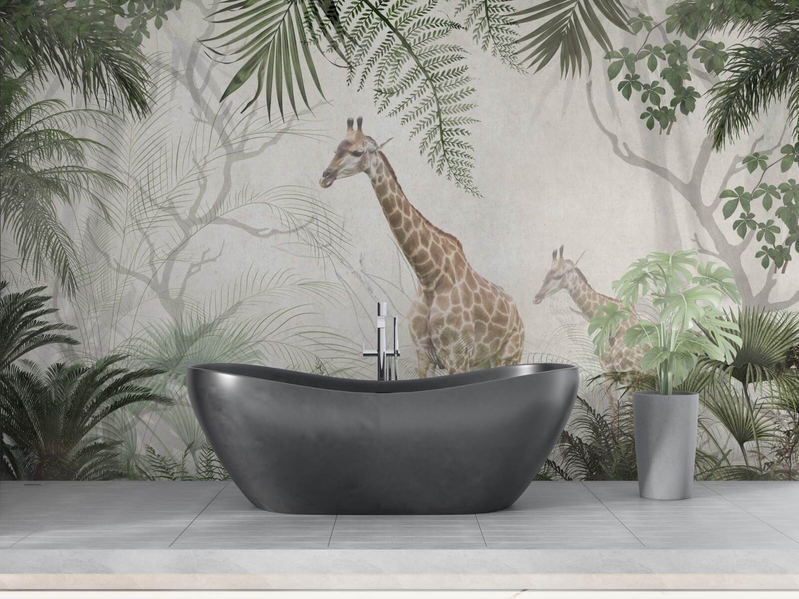 Фотошпалери сім'я жирафів йде лісовою стежкою