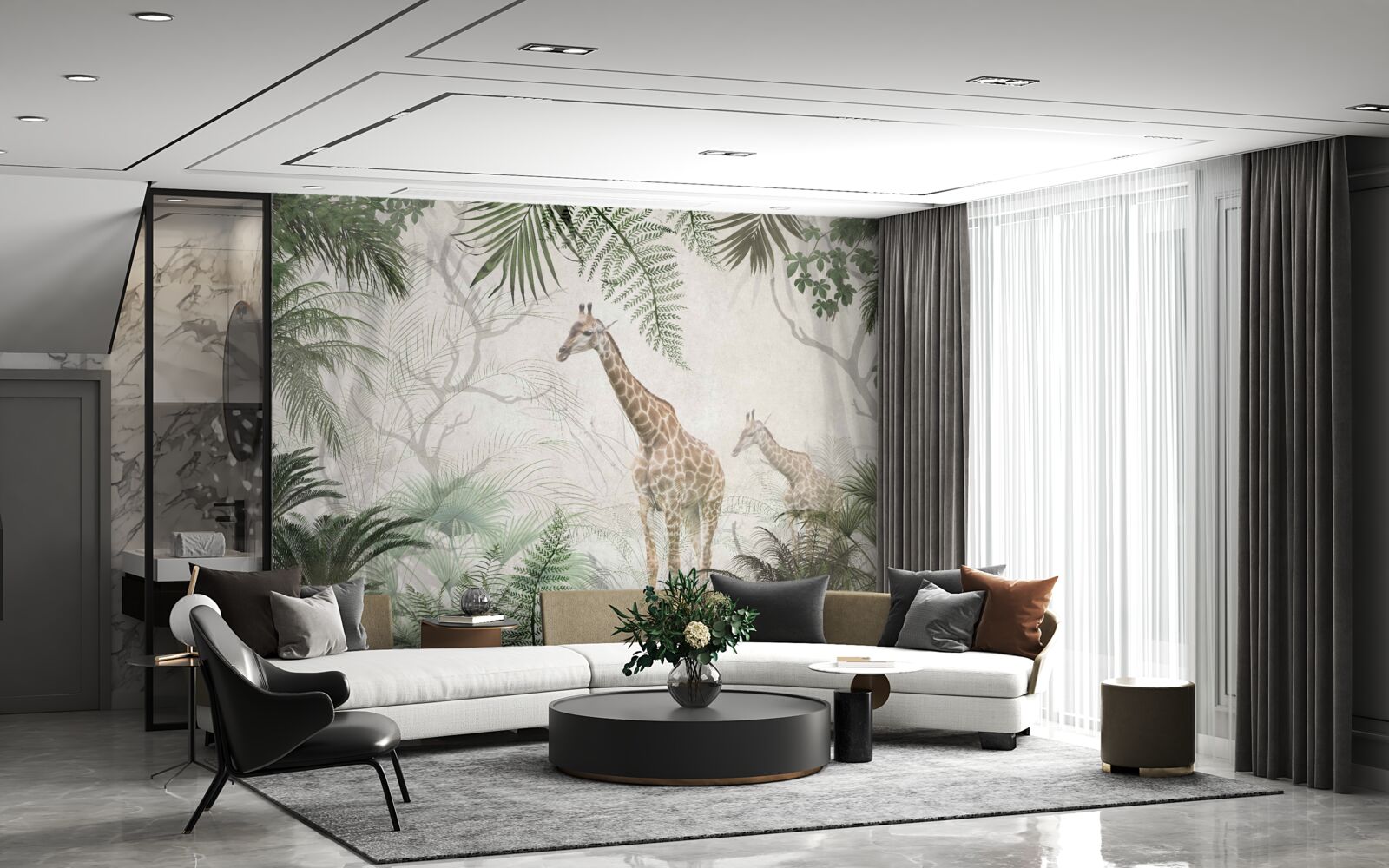 Фотошпалери сім'я жирафів йде лісовою стежкою