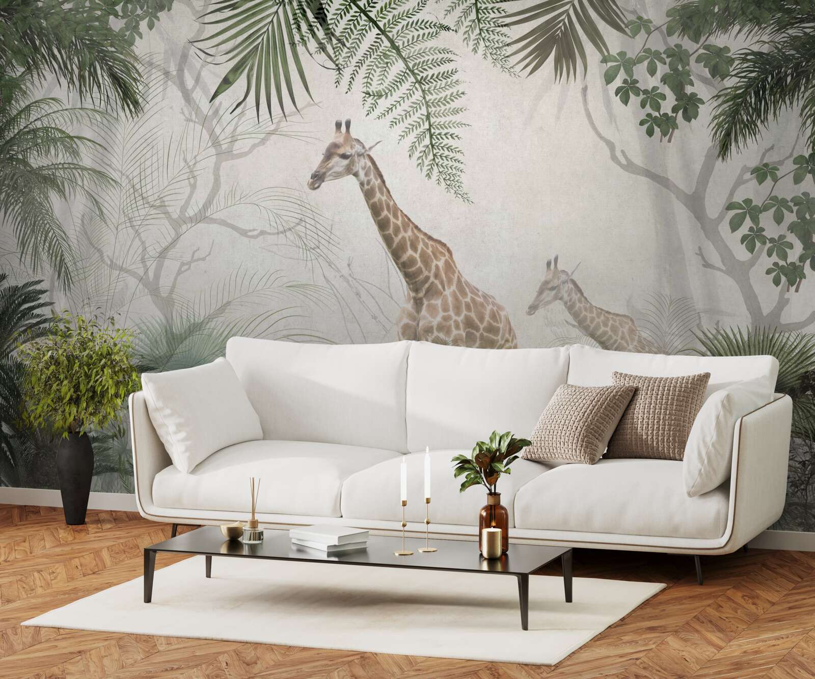 Фотошпалери сім'я жирафів йде лісовою стежкою