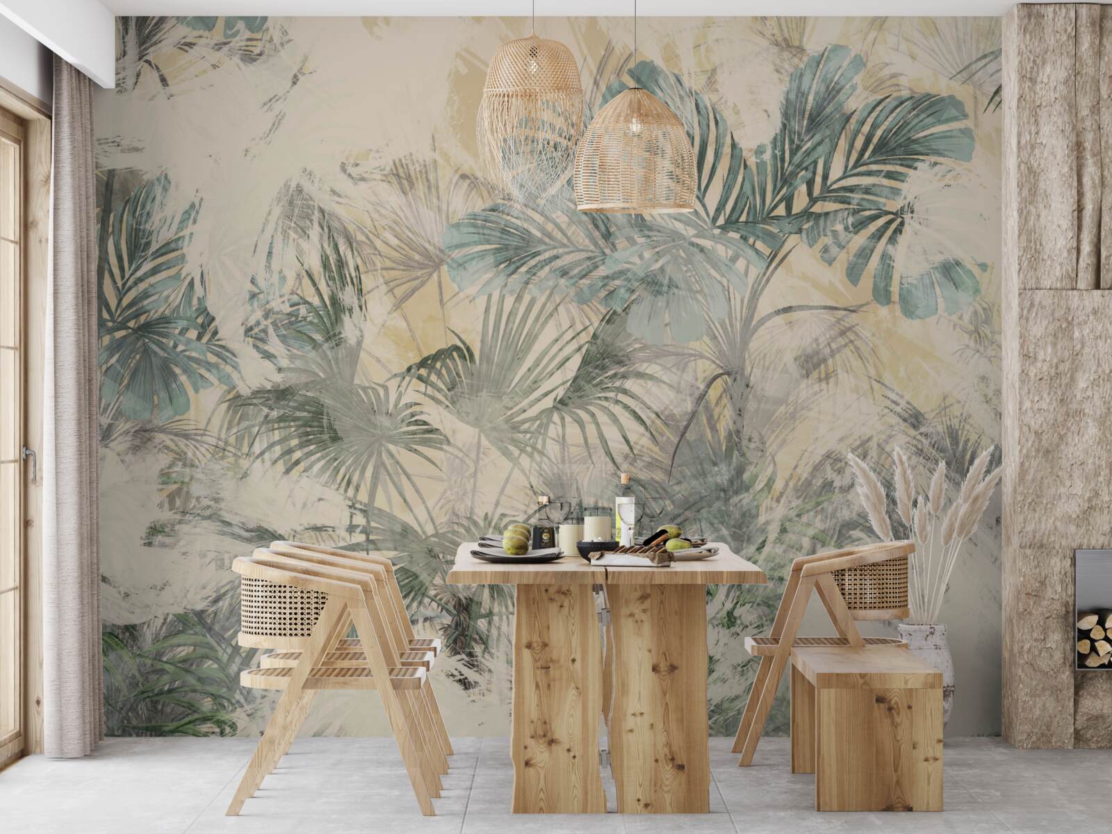 Фотошпалери пальмове листя і монстера в зеленому кольорі