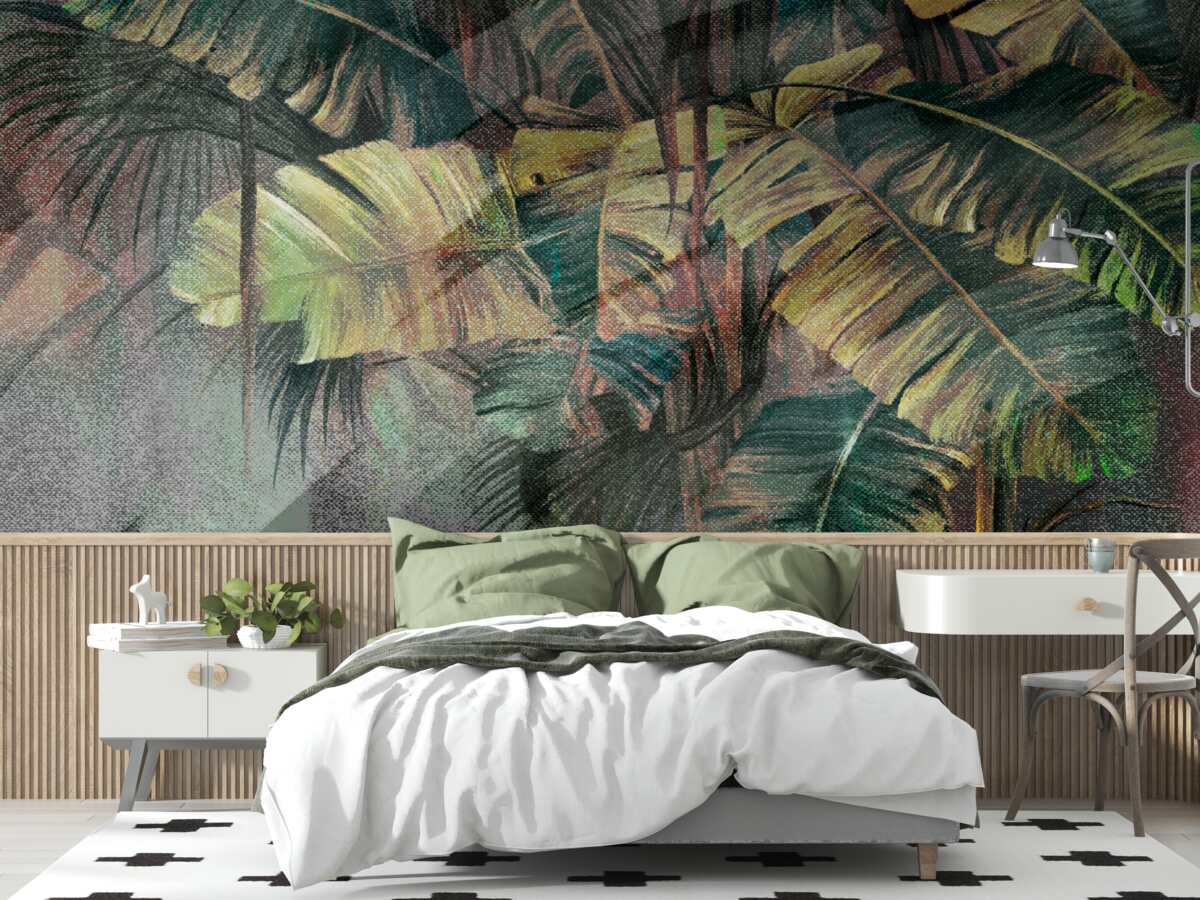 Фотошпалери пальмове листя, густе і пишне, під проливним дощем