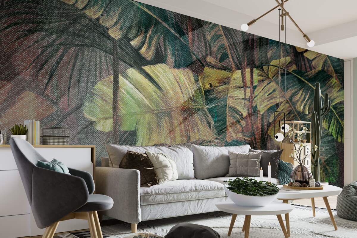 Фотошпалери пальмове листя, густе і пишне, під проливним дощем