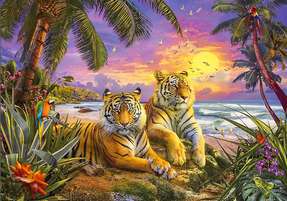 Фотошпалери два тигри на тлі тропічного неба в сутінках