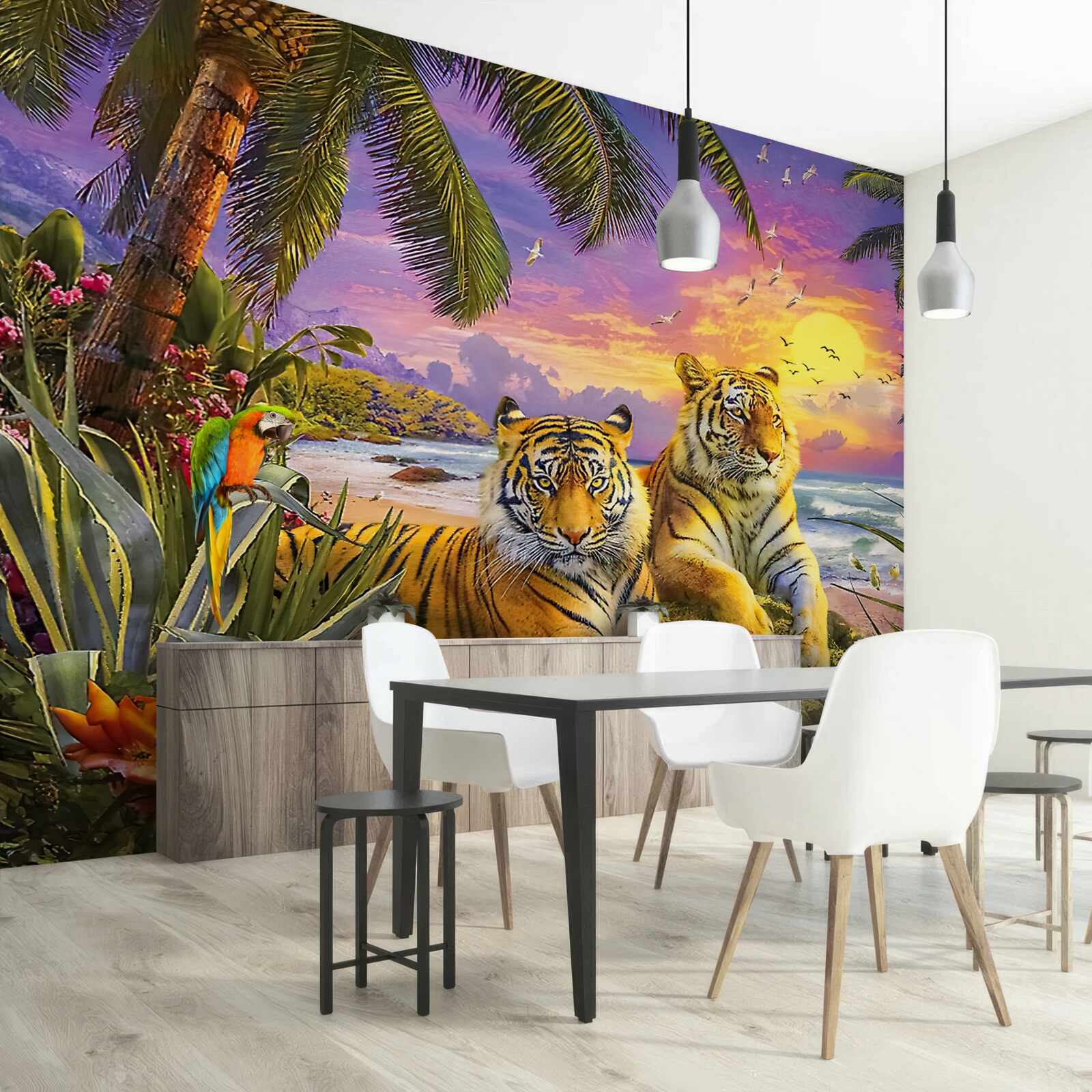 Фотошпалери два тигри на тлі тропічного неба в сутінках