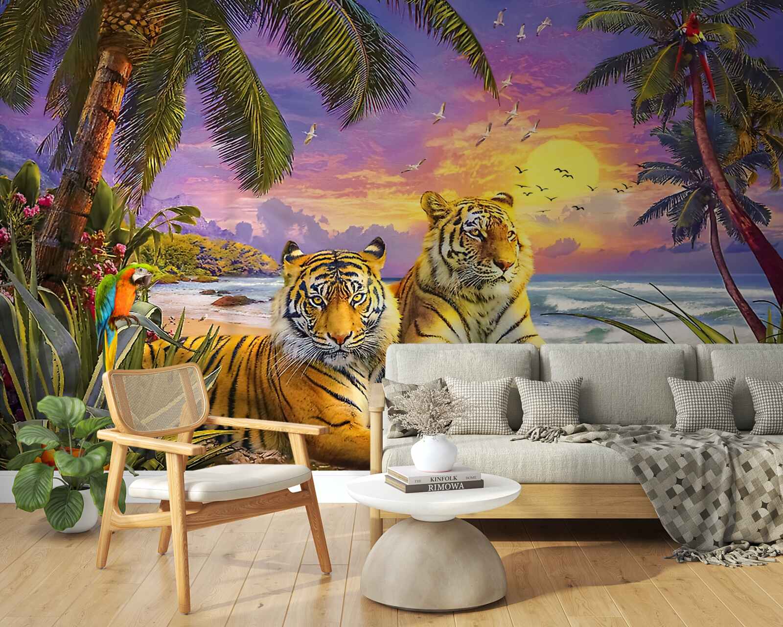 Фотошпалери два тигри на тлі тропічного неба в сутінках