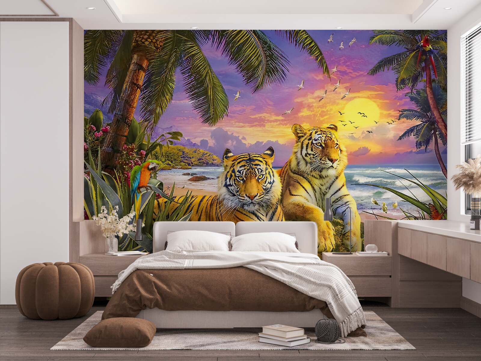 Фотошпалери два тигри на тлі тропічного неба в сутінках