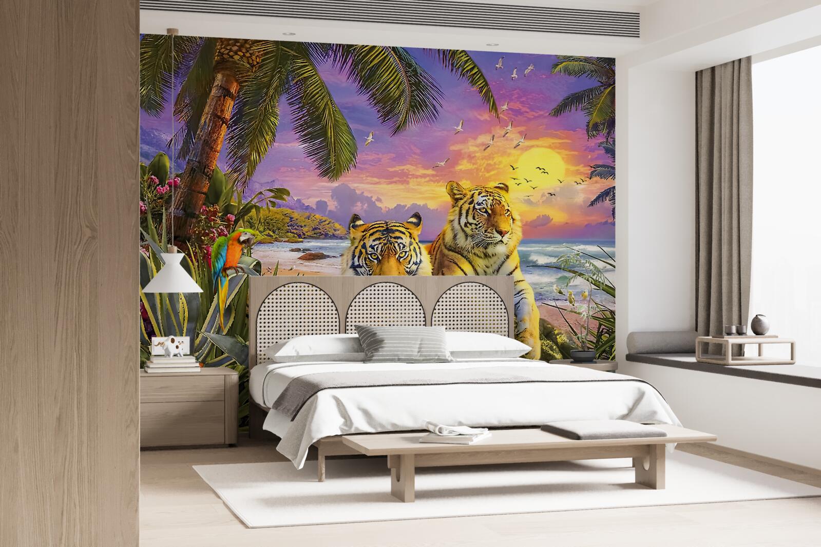 Фотошпалери два тигри на тлі тропічного неба в сутінках