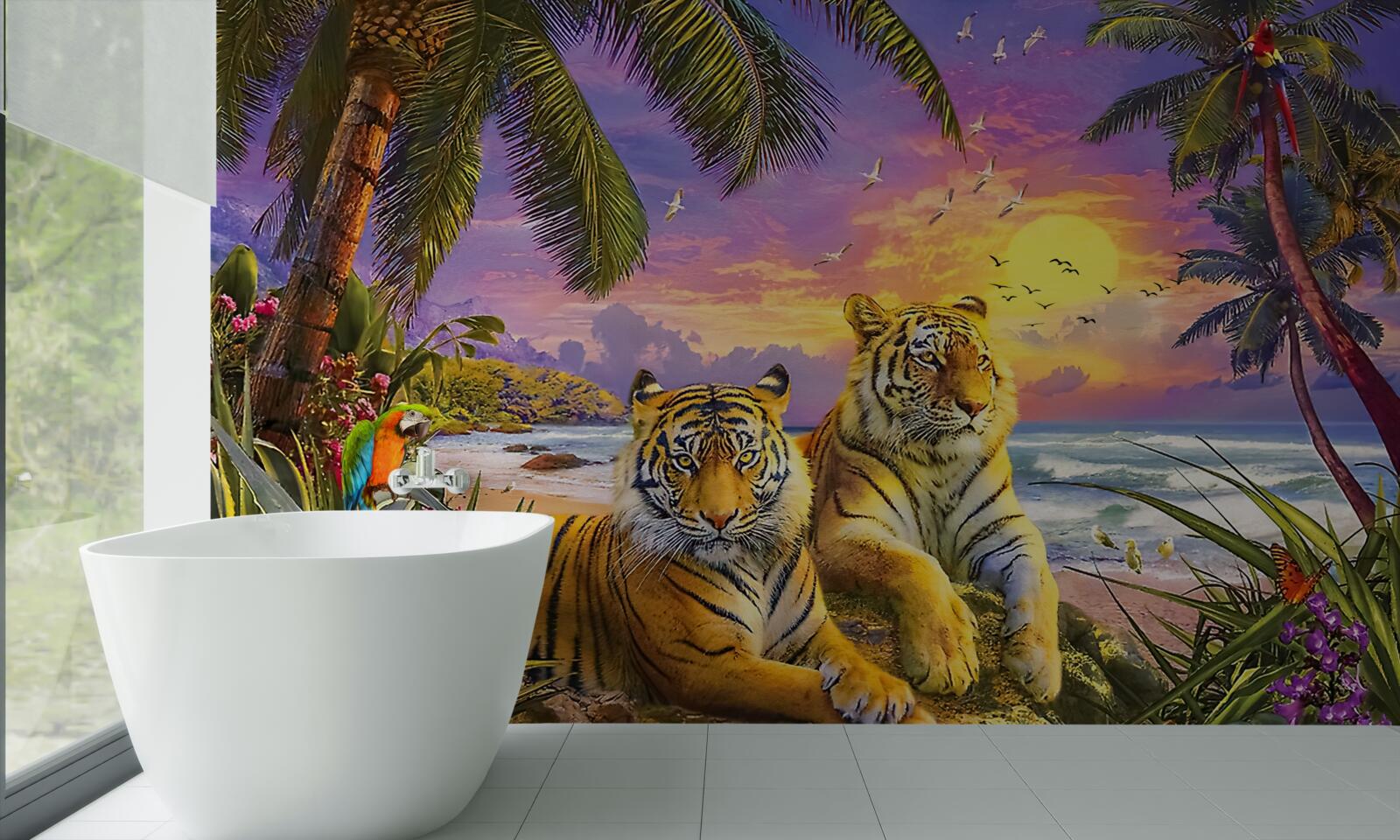 Фотошпалери два тигри на тлі тропічного неба в сутінках