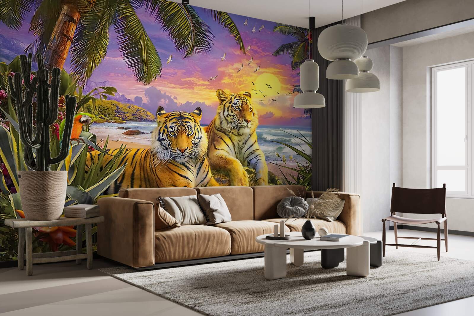 Фотошпалери два тигри на тлі тропічного неба в сутінках