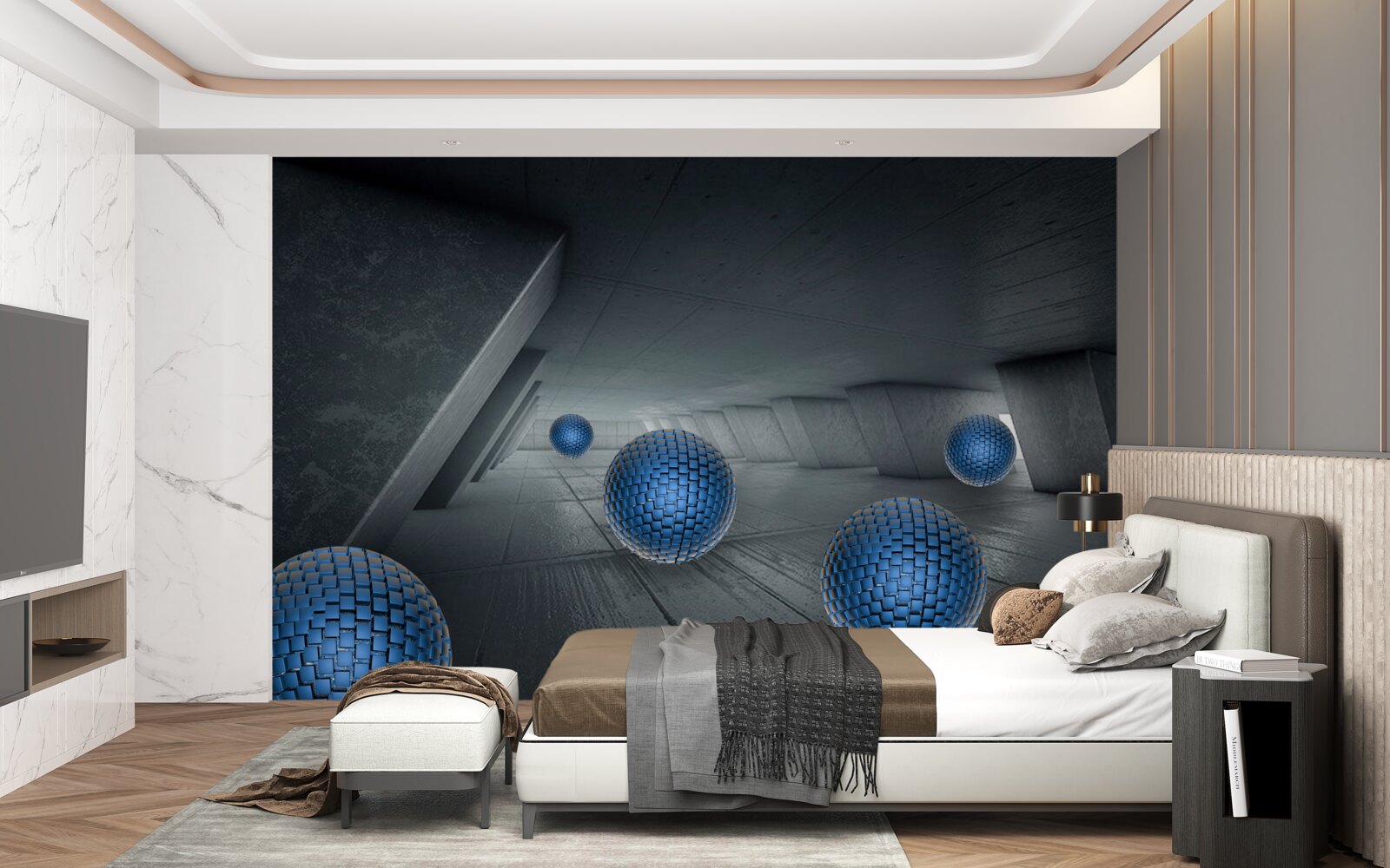 Фотошпалери нескінченний сірий прохід і сині кульки