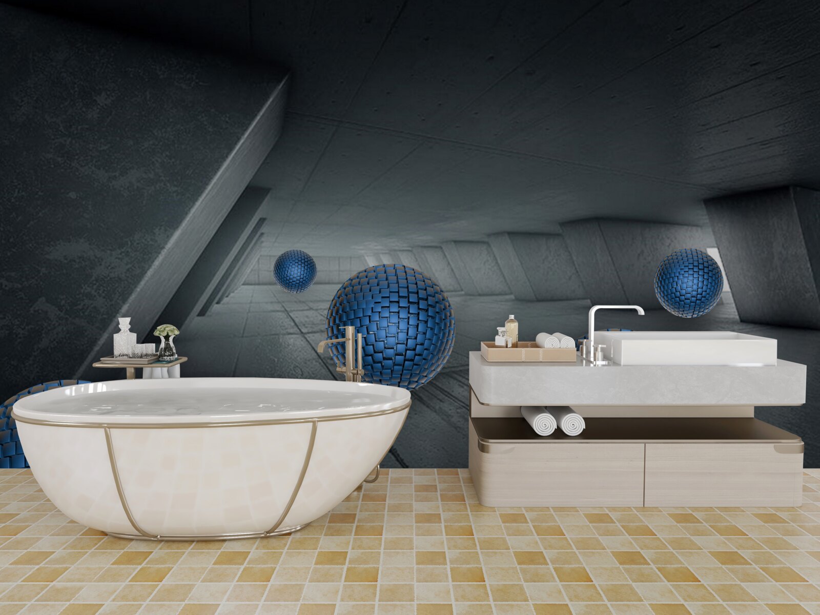 Фотошпалери нескінченний сірий прохід і сині кульки