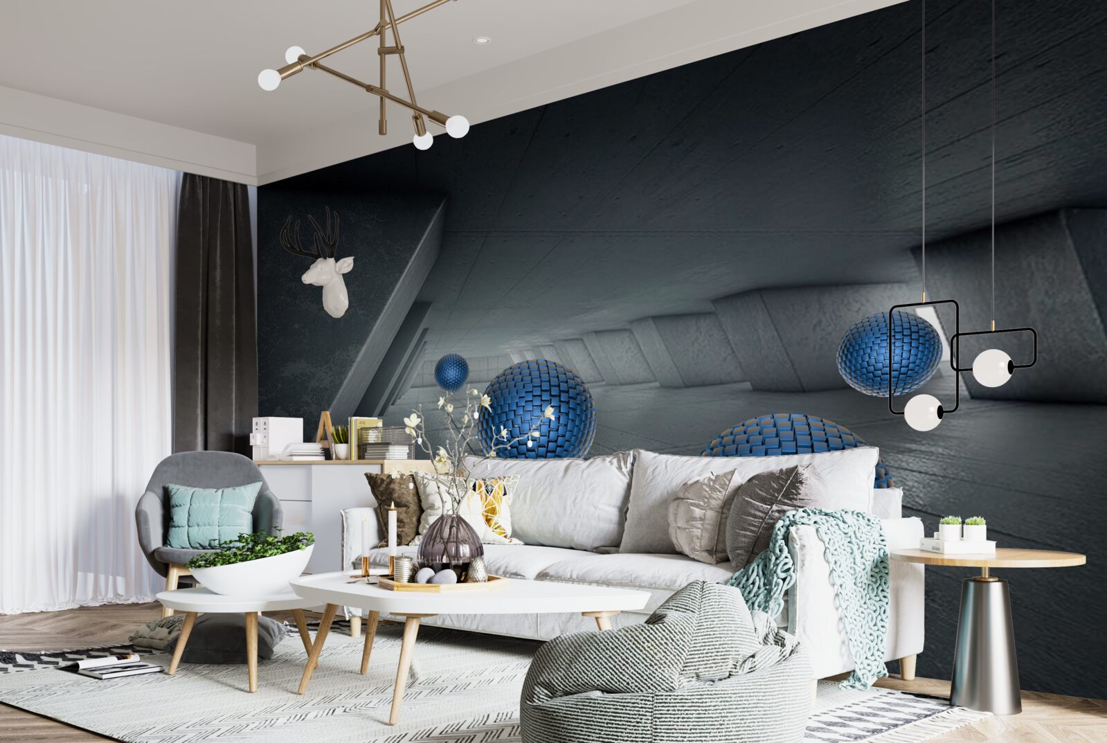 Фотошпалери нескінченний сірий прохід і сині кульки