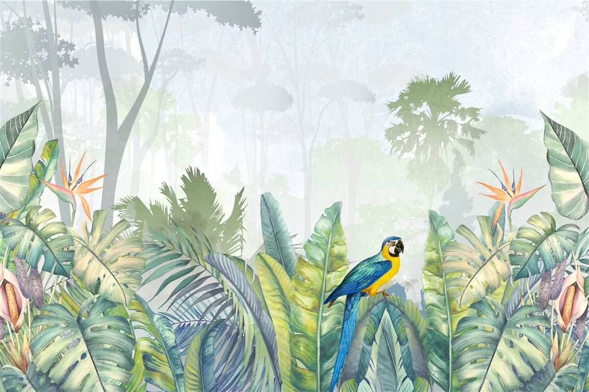 Фотошпалери папуга відпочиває на пальмовому листі