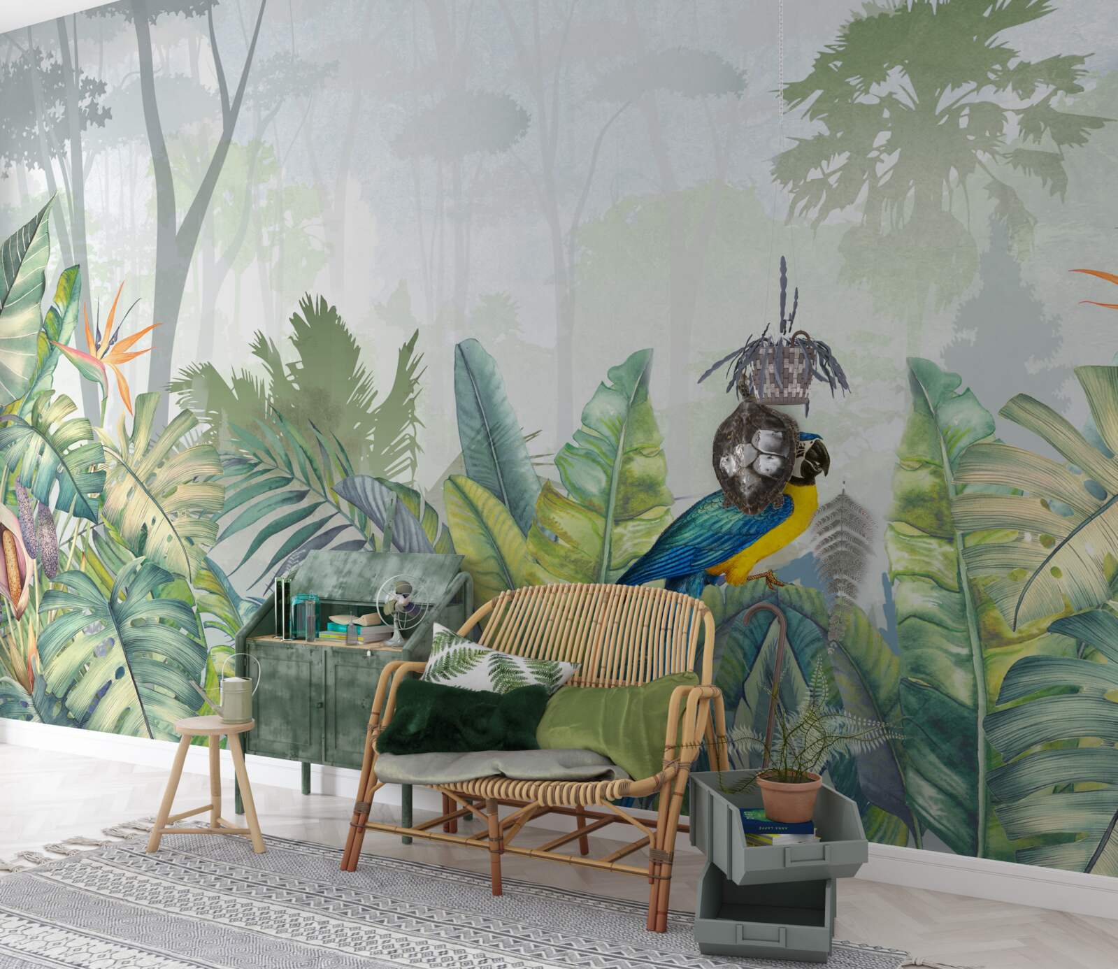 Фотошпалери папуга відпочиває на пальмовому листі