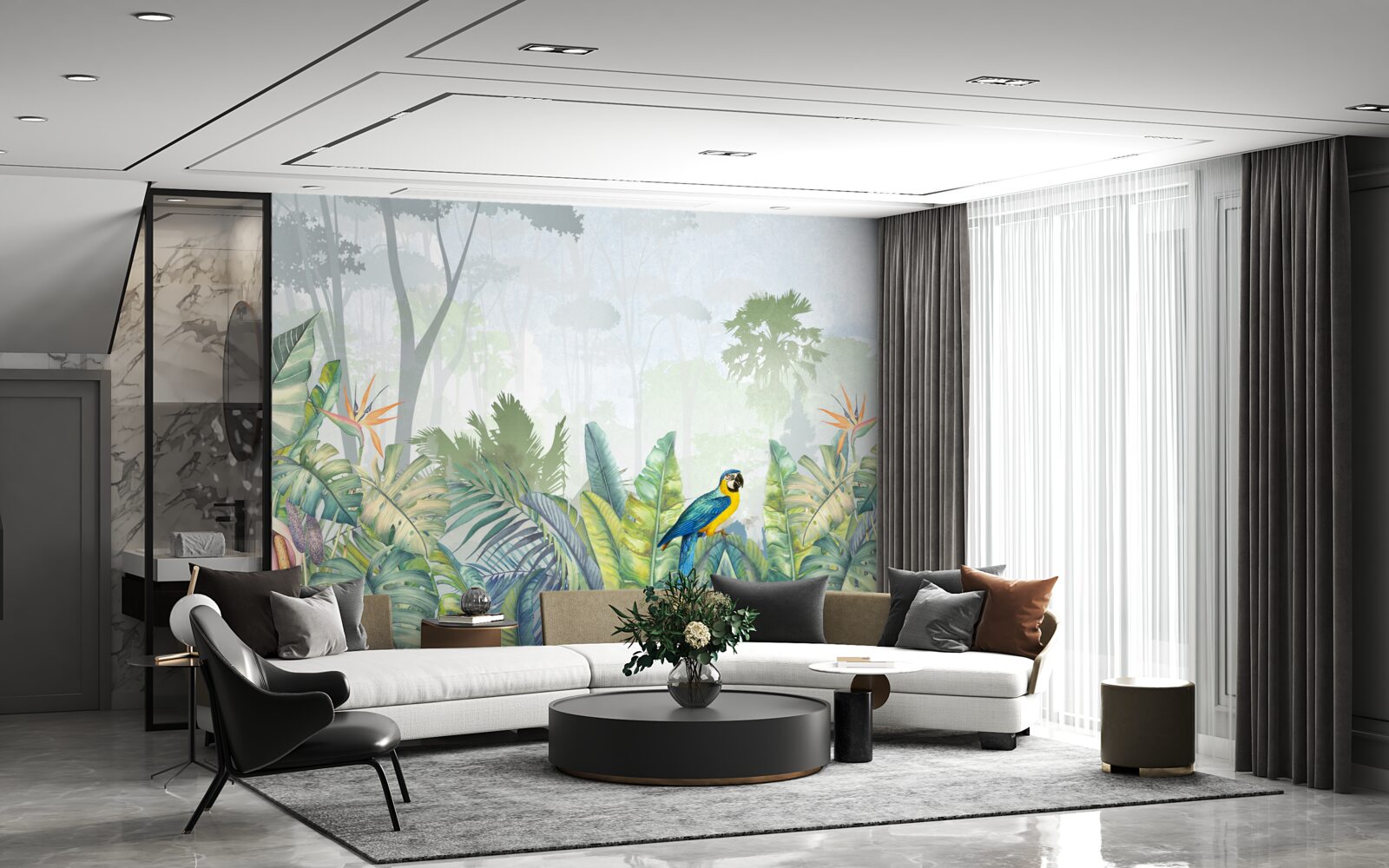 Фотошпалери папуга відпочиває на пальмовому листі