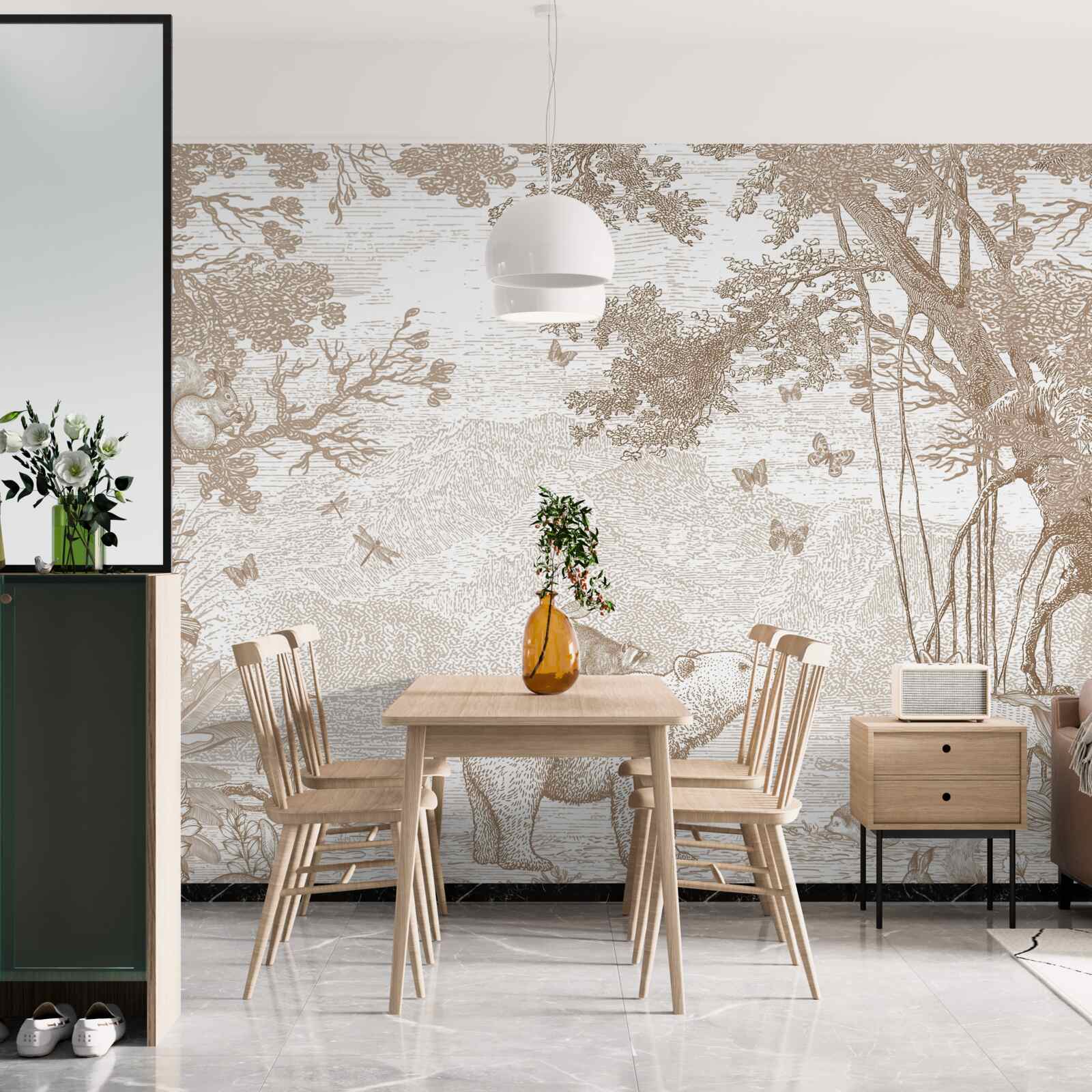 Фотошпалери ведмідь іде засніженим лісом