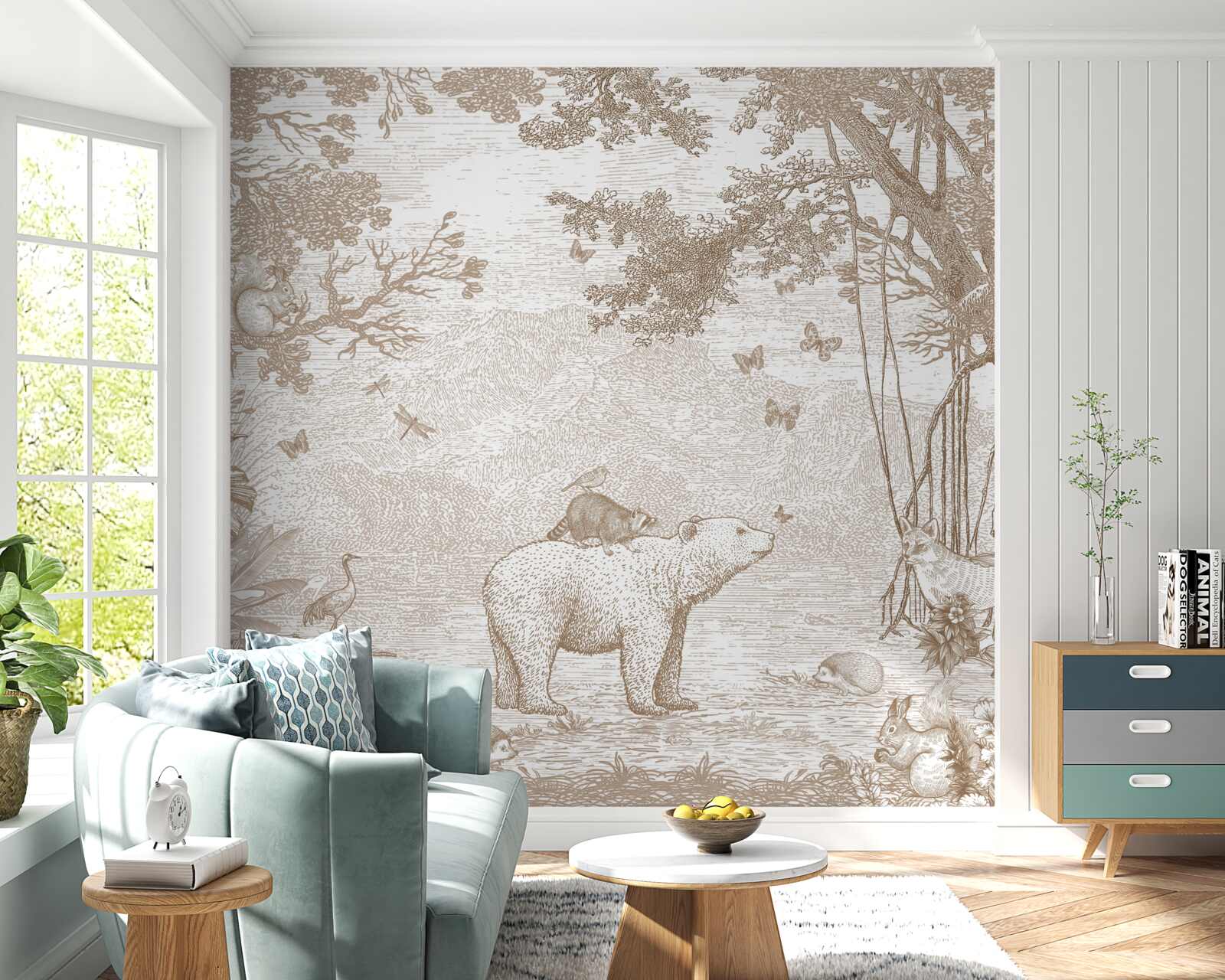 Фотошпалери ведмідь іде засніженим лісом