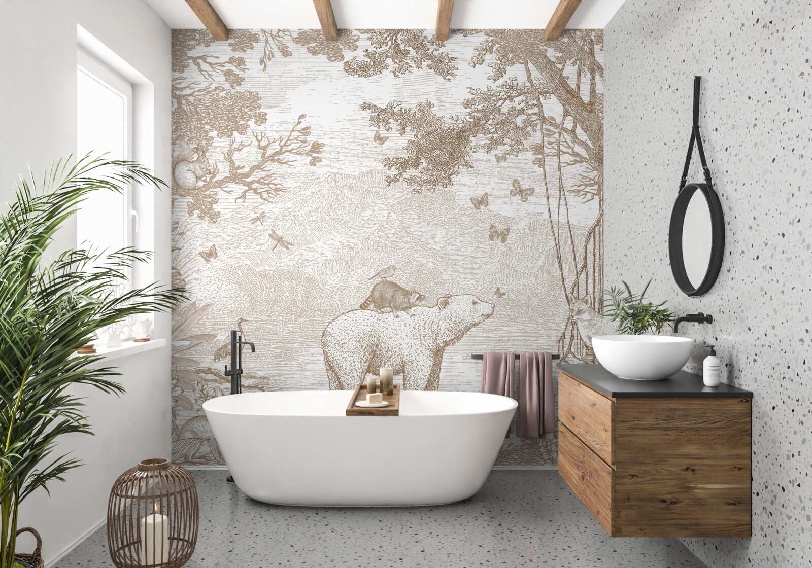 Фотошпалери ведмідь іде засніженим лісом