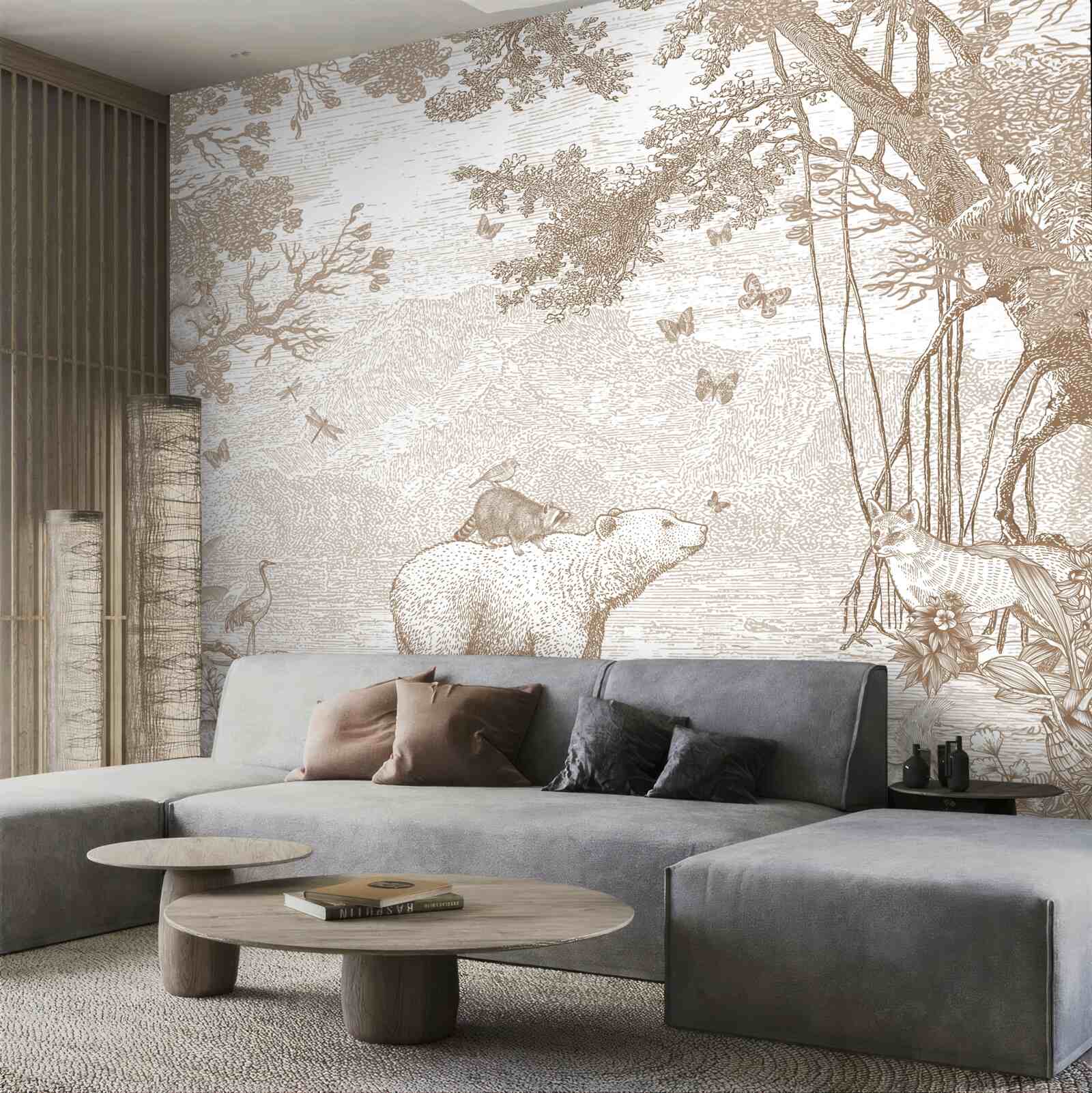 Фотошпалери ведмідь іде засніженим лісом