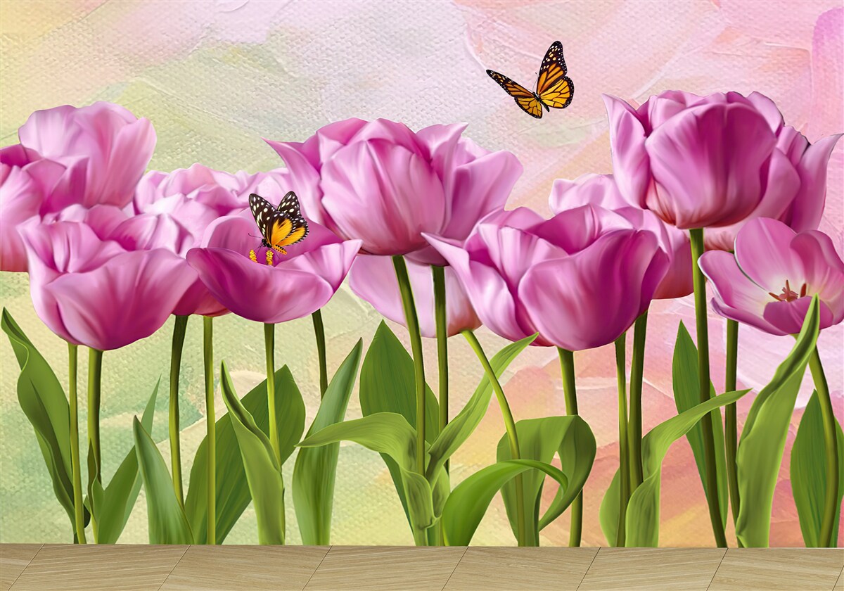 Фотошпалери метелики та фіолетові тюльпани в полі