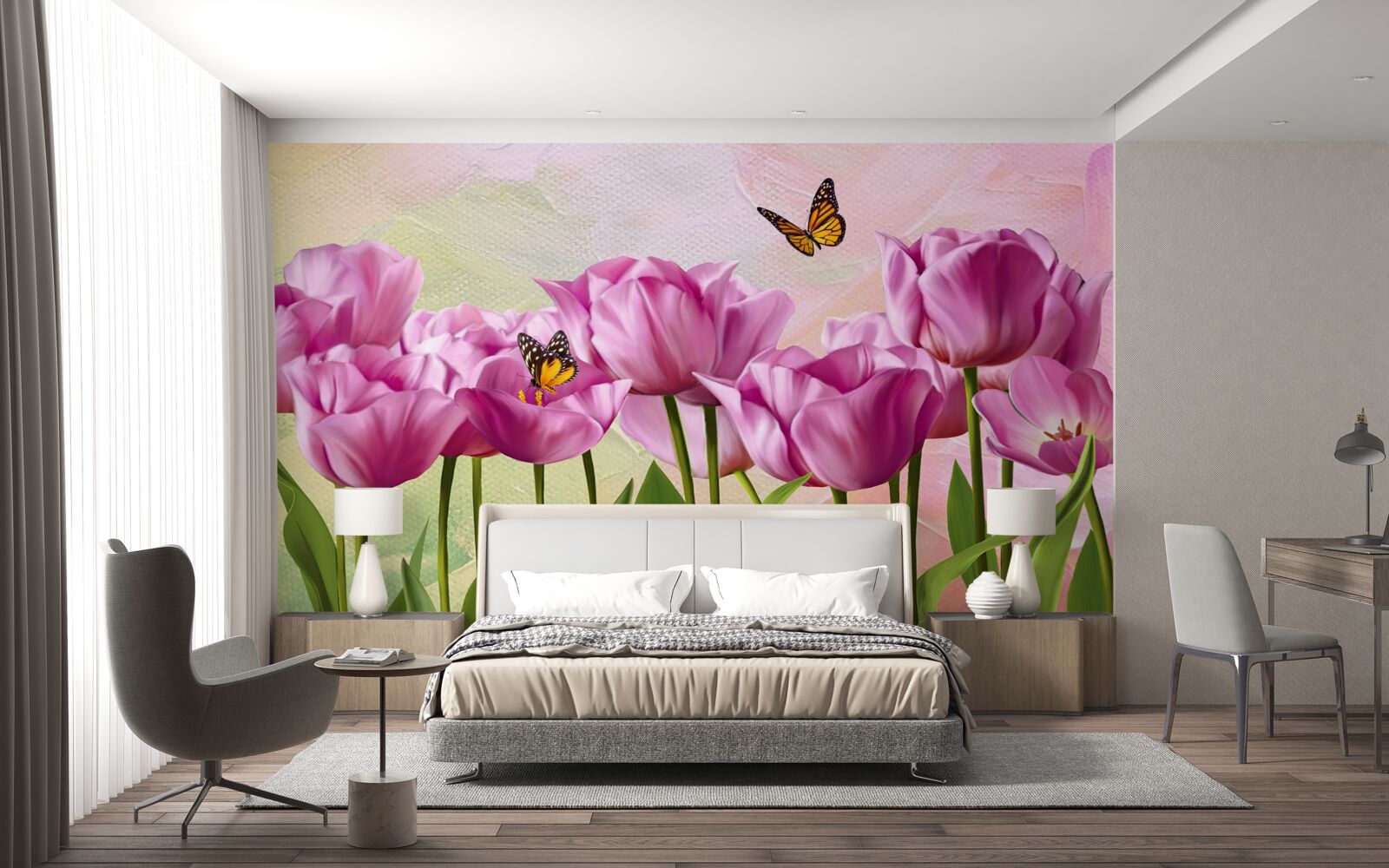 Фотошпалери метелики та фіолетові тюльпани в полі