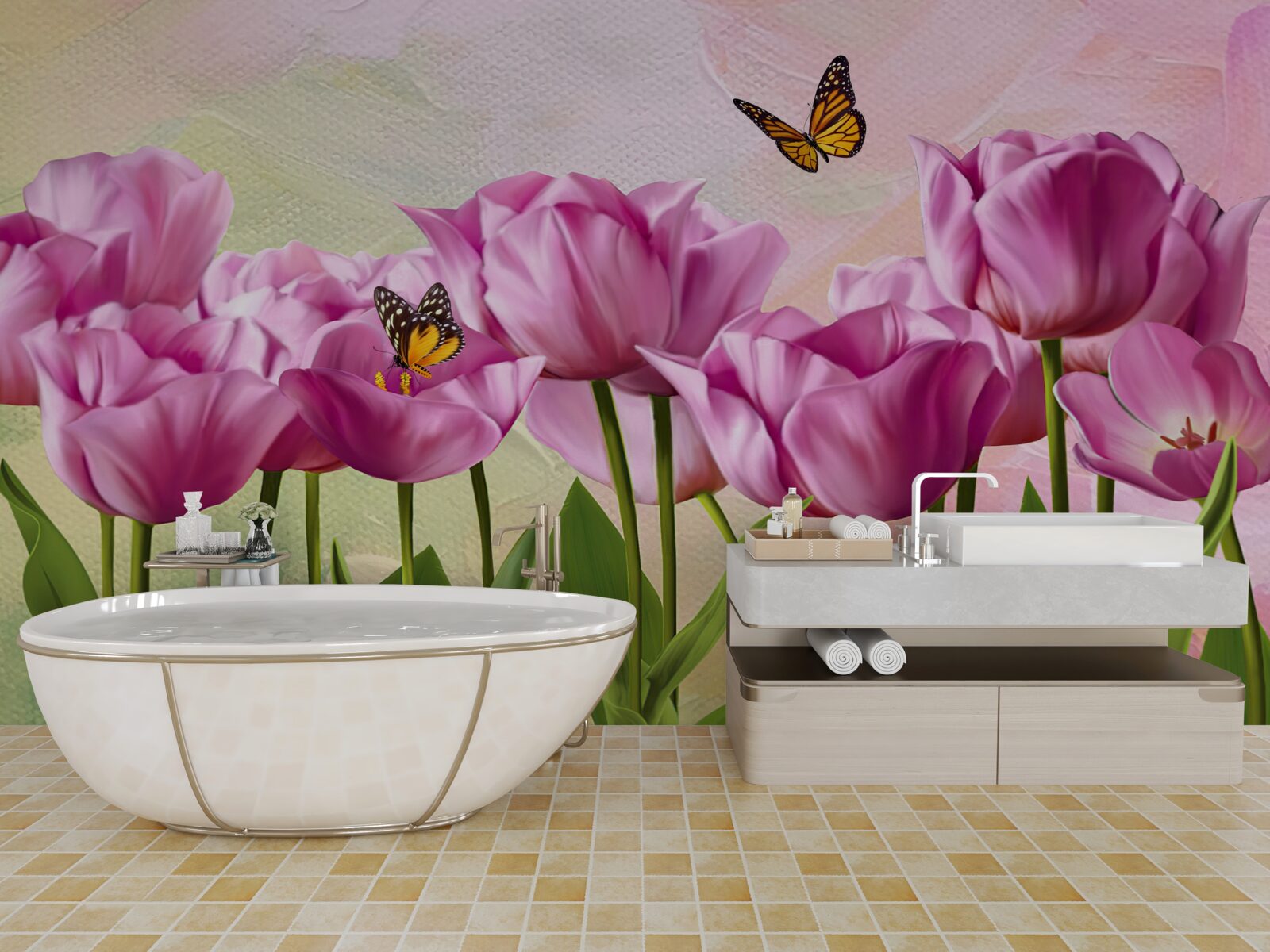 Фотошпалери метелики та фіолетові тюльпани в полі