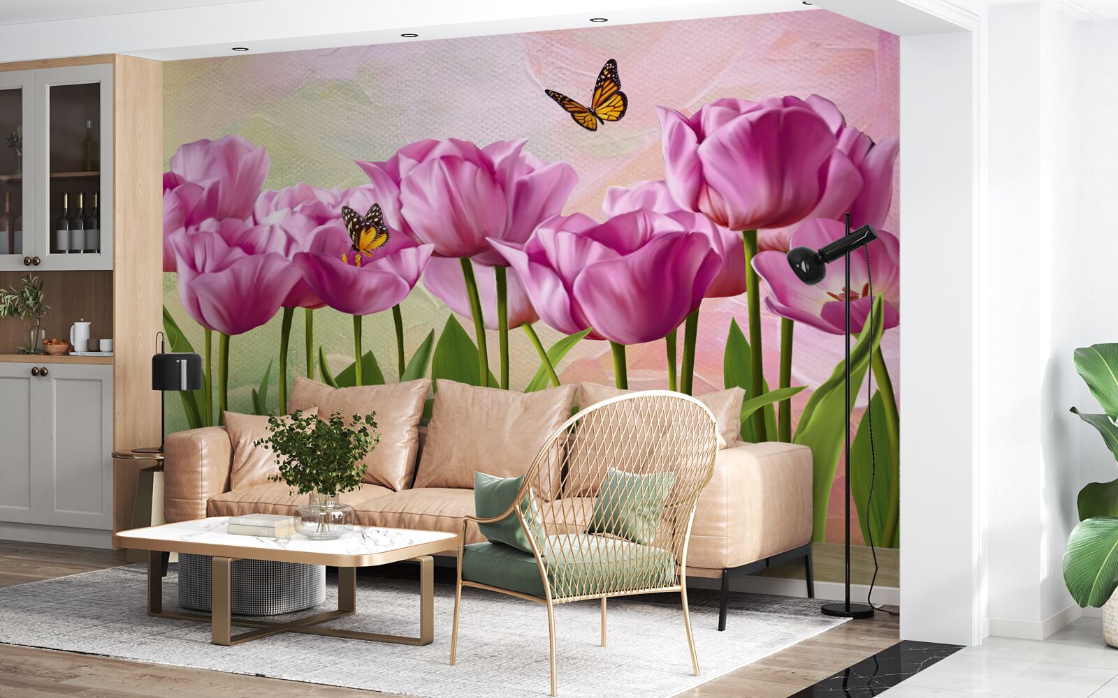 Фотошпалери метелики та фіолетові тюльпани в полі