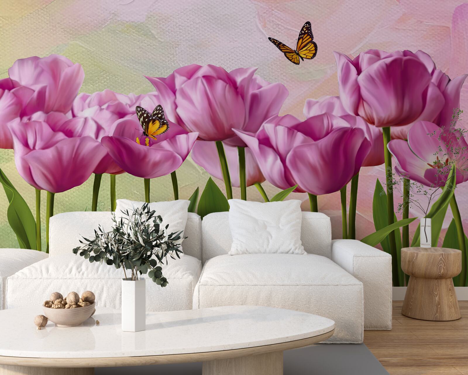 Фотошпалери метелики та фіолетові тюльпани в полі