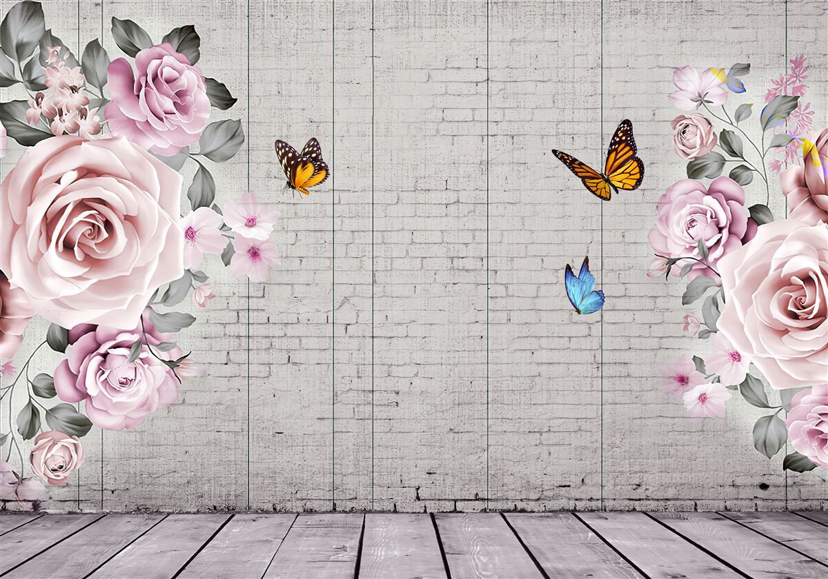 Фотошпалери різнокольорові метелики та ніжно квітучі троянди