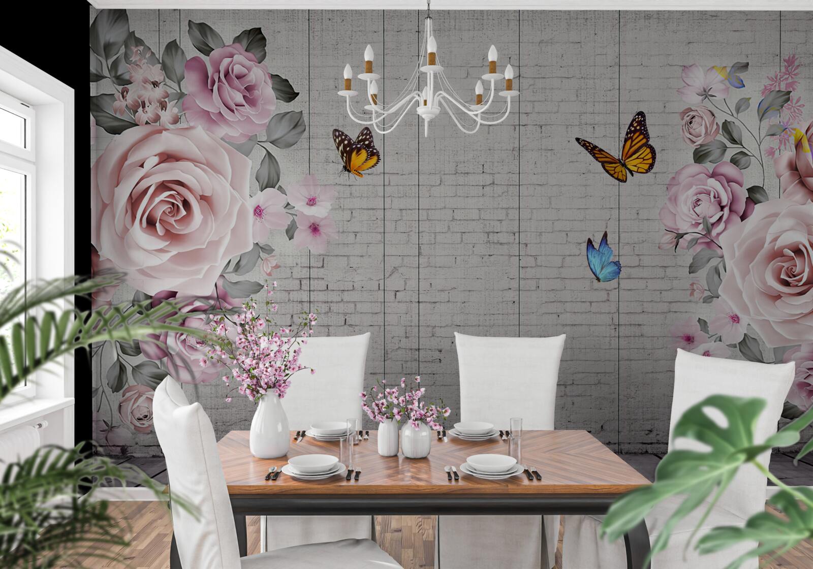 Фотошпалери різнокольорові метелики та ніжно квітучі троянди