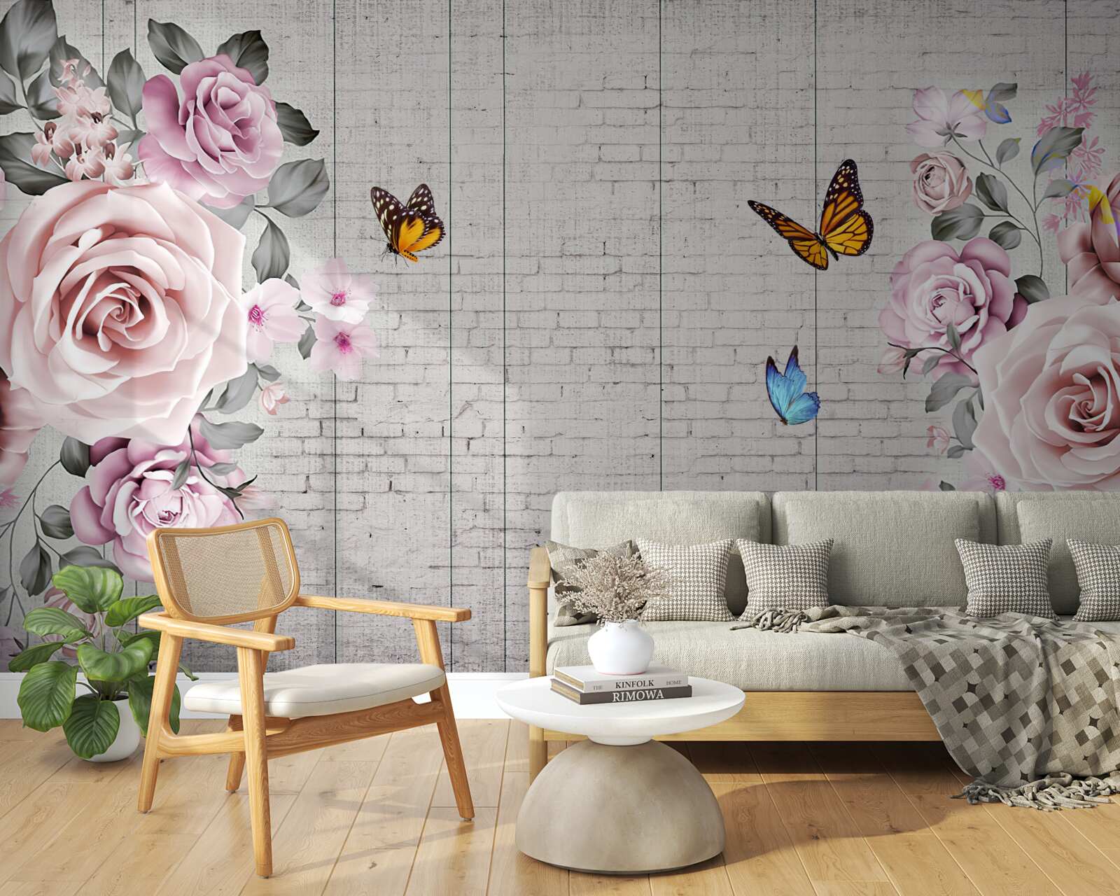 Фотошпалери різнокольорові метелики та ніжно квітучі троянди